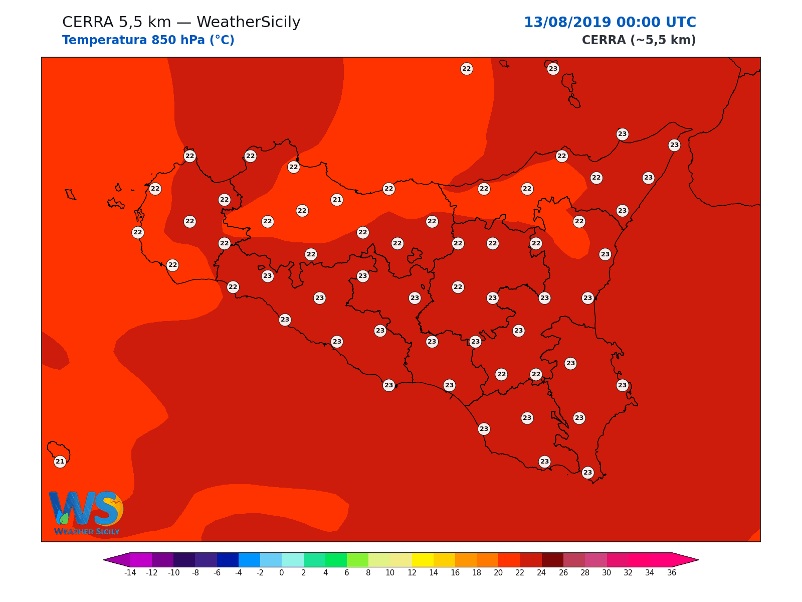 Temperatura a 850 hPa · 2019081300