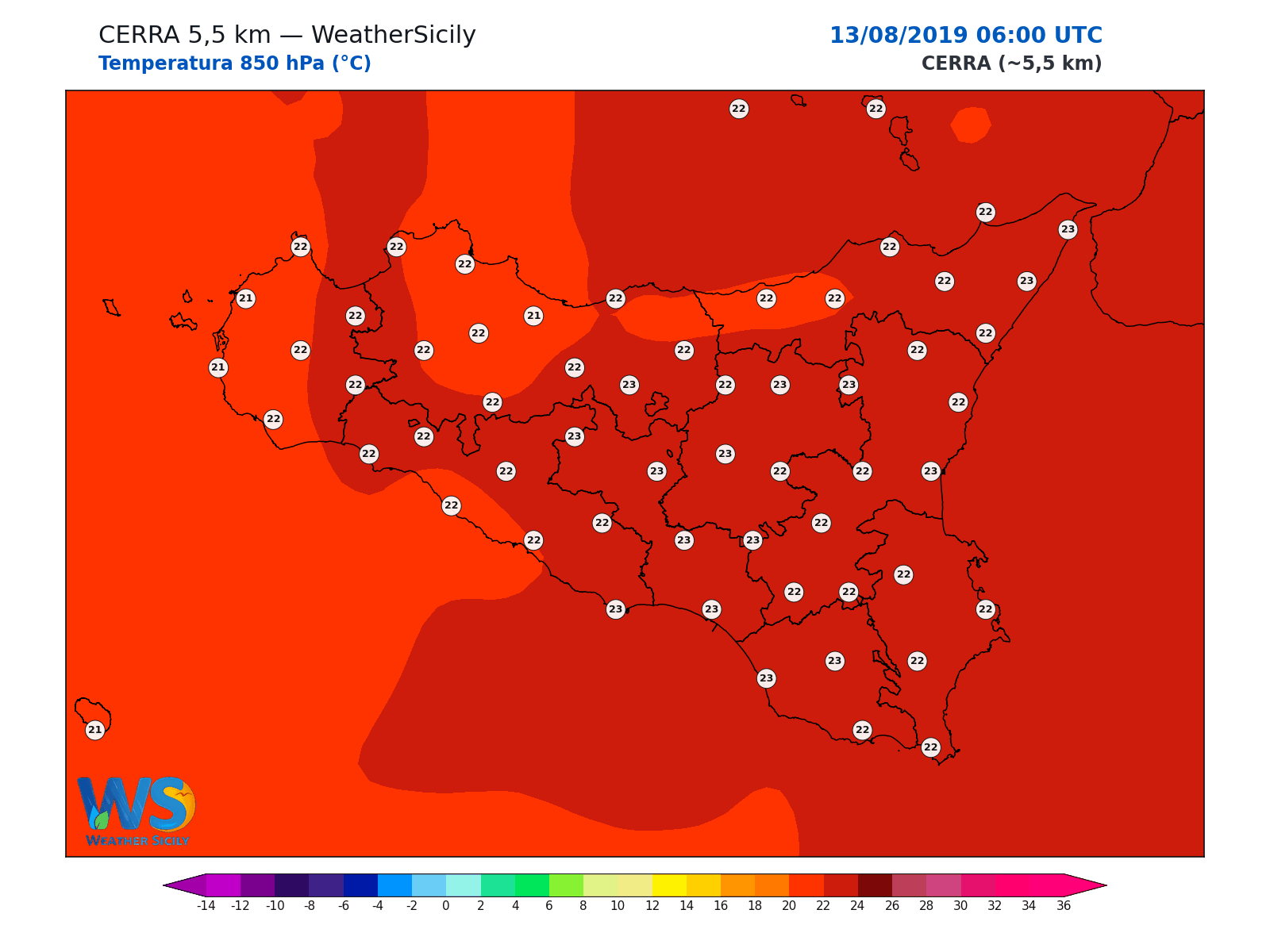 Temperatura a 850 hPa · 2019081306