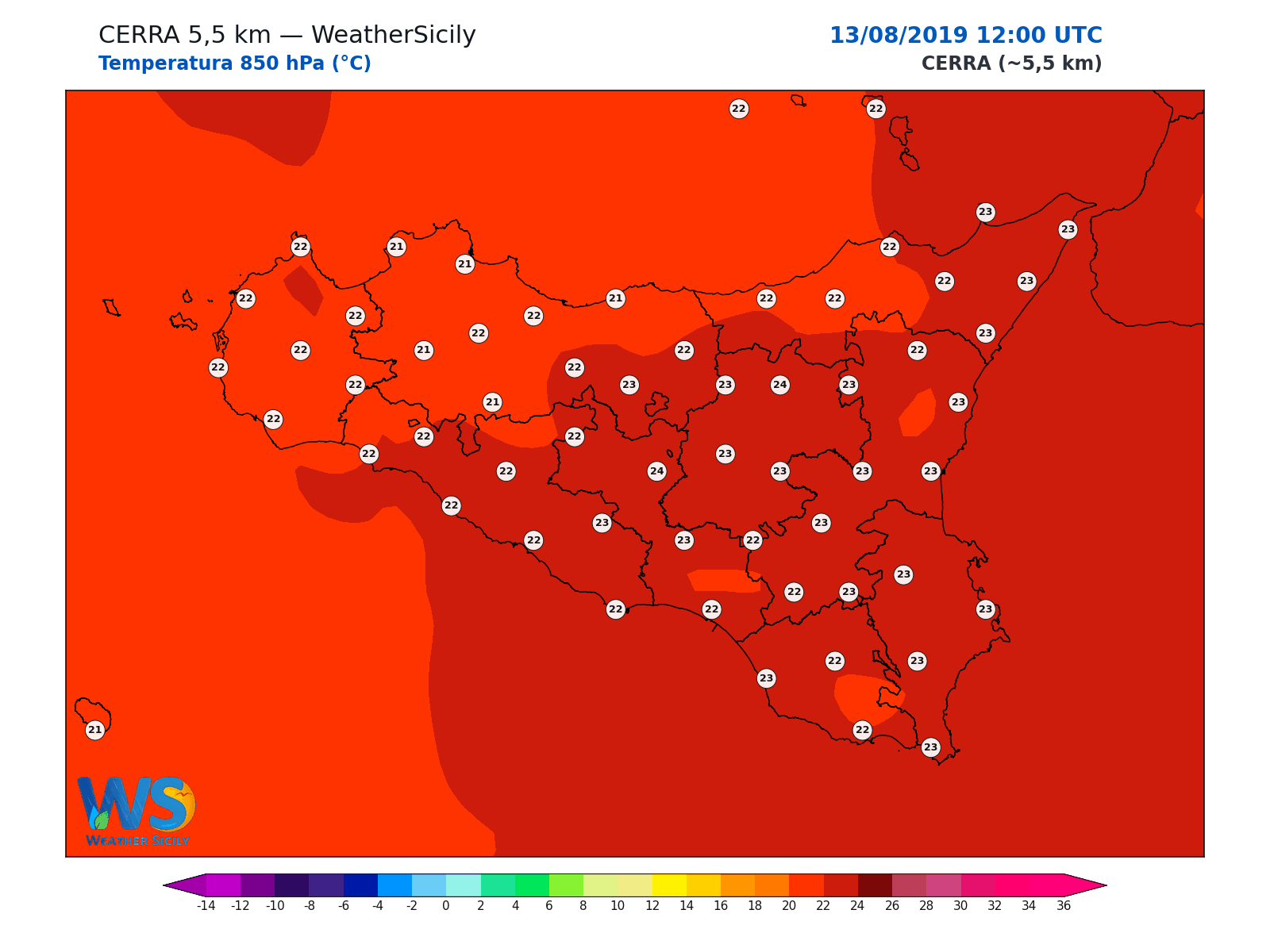 Temperatura a 850 hPa · 2019081312