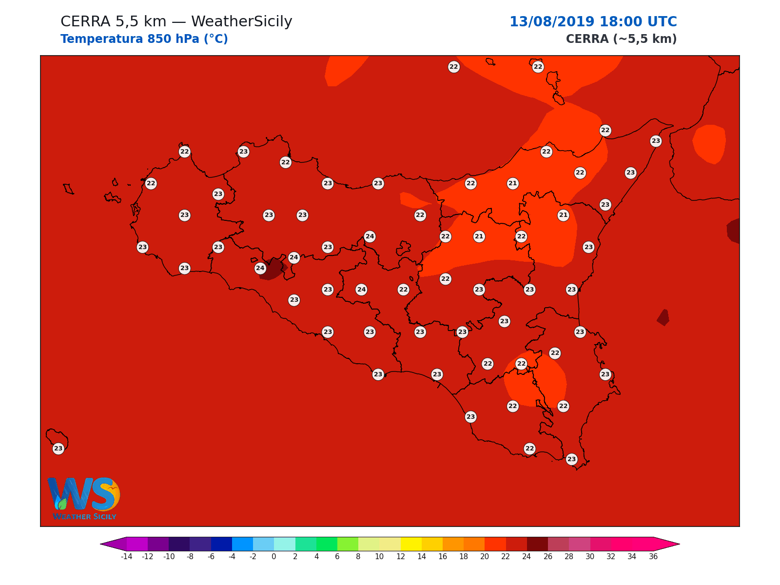 Temperatura a 850 hPa · 2019081318