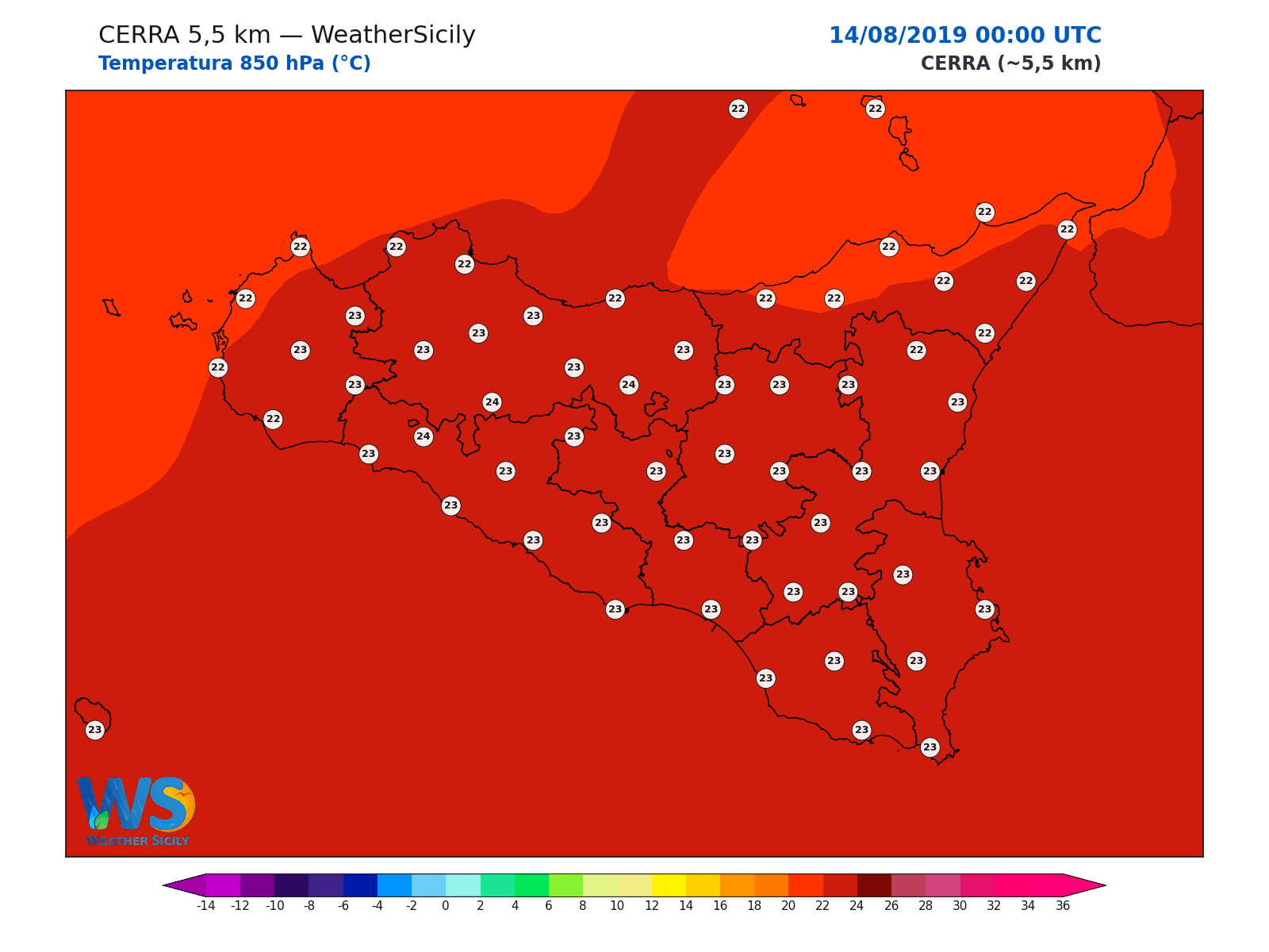 Temperatura a 850 hPa · 2019081400