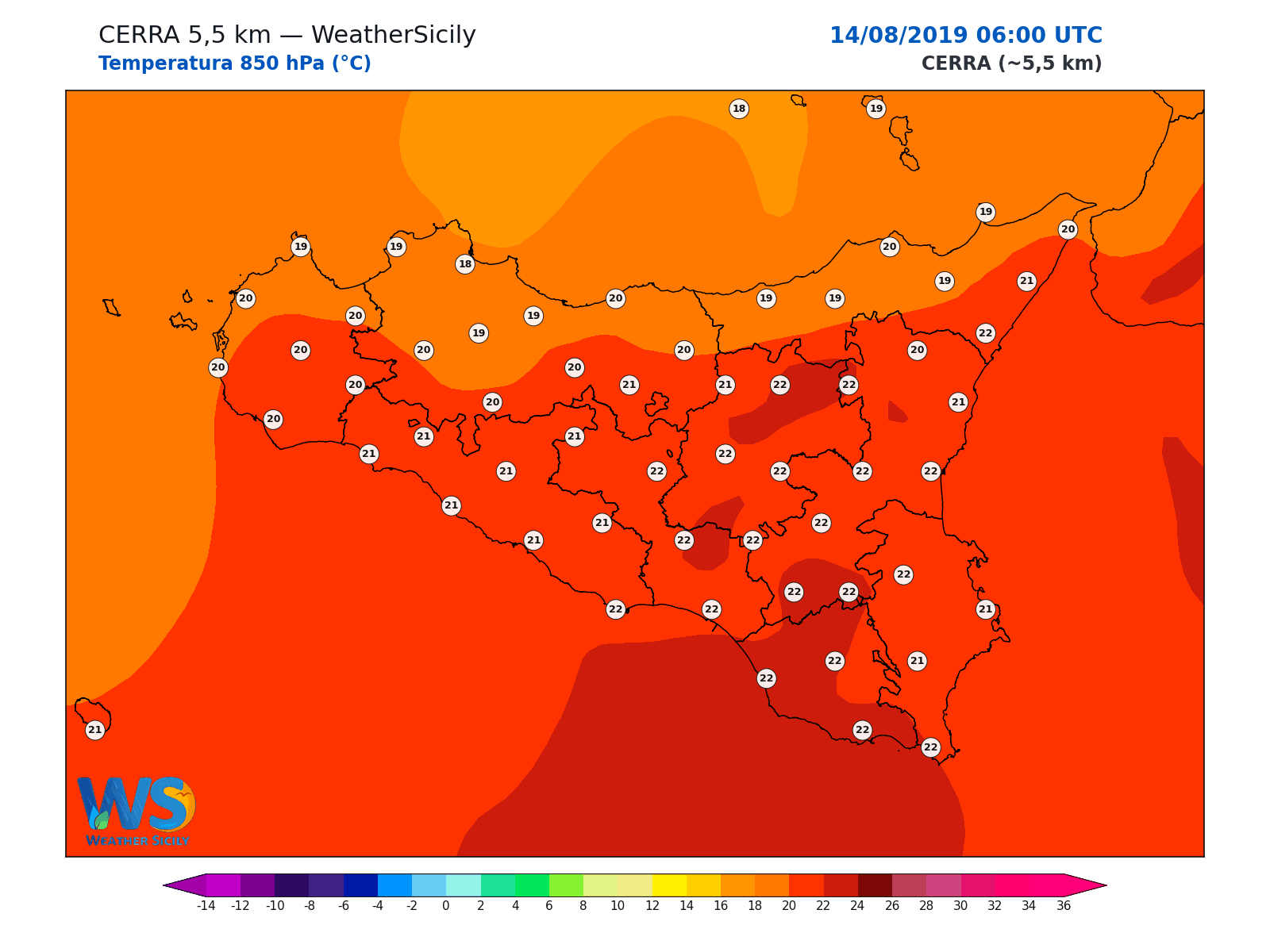 Temperatura a 850 hPa · 2019081406