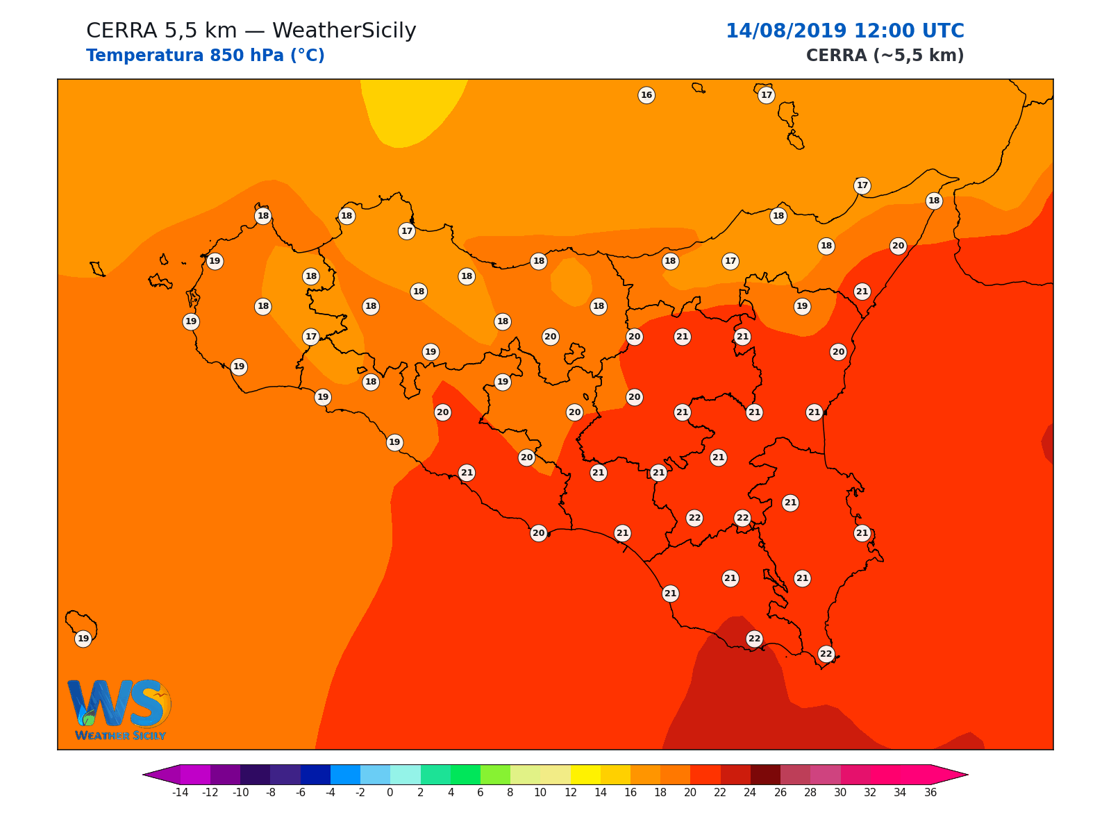 Temperatura a 850 hPa · 2019081412