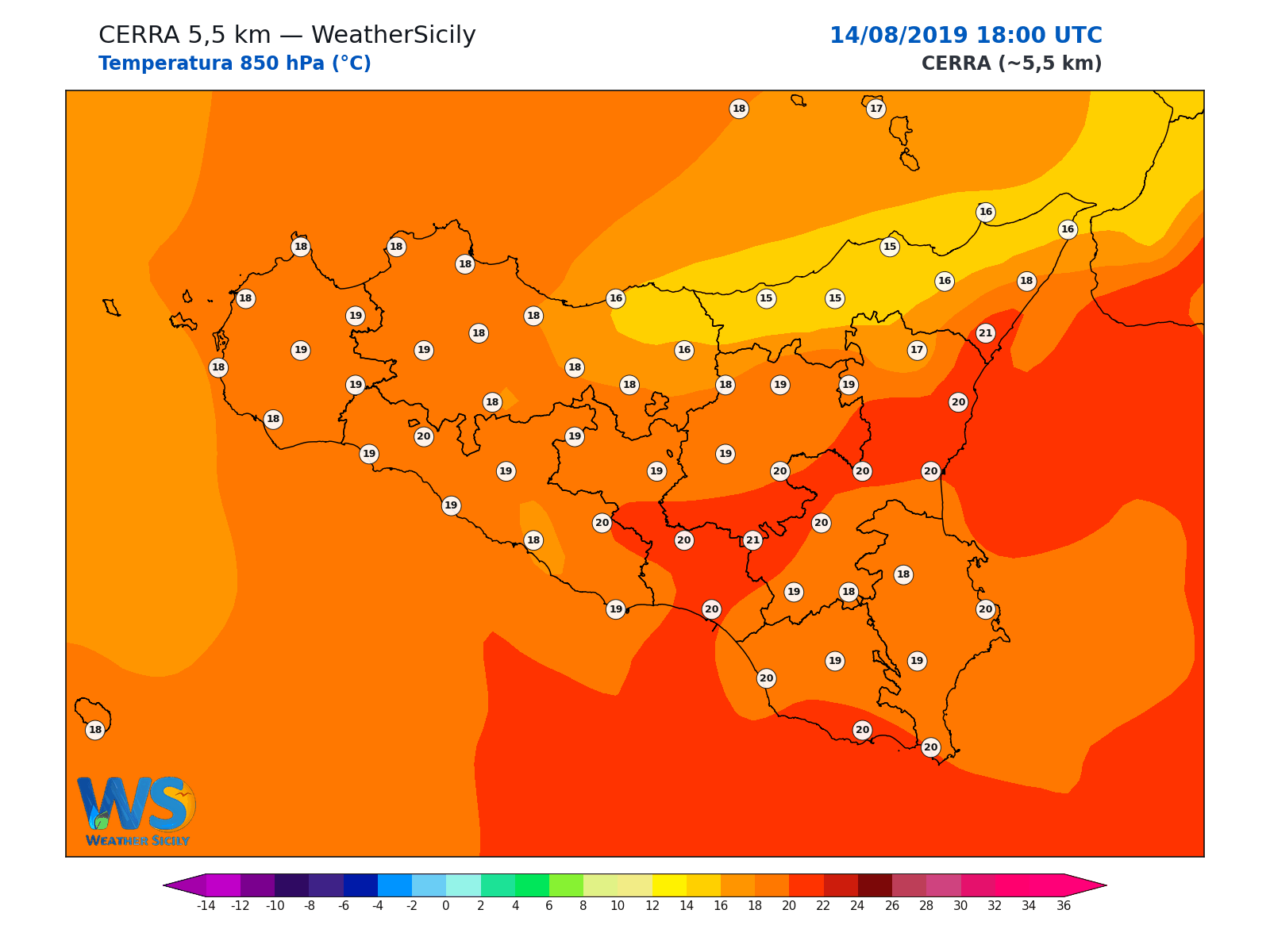 Temperatura a 850 hPa · 2019081418