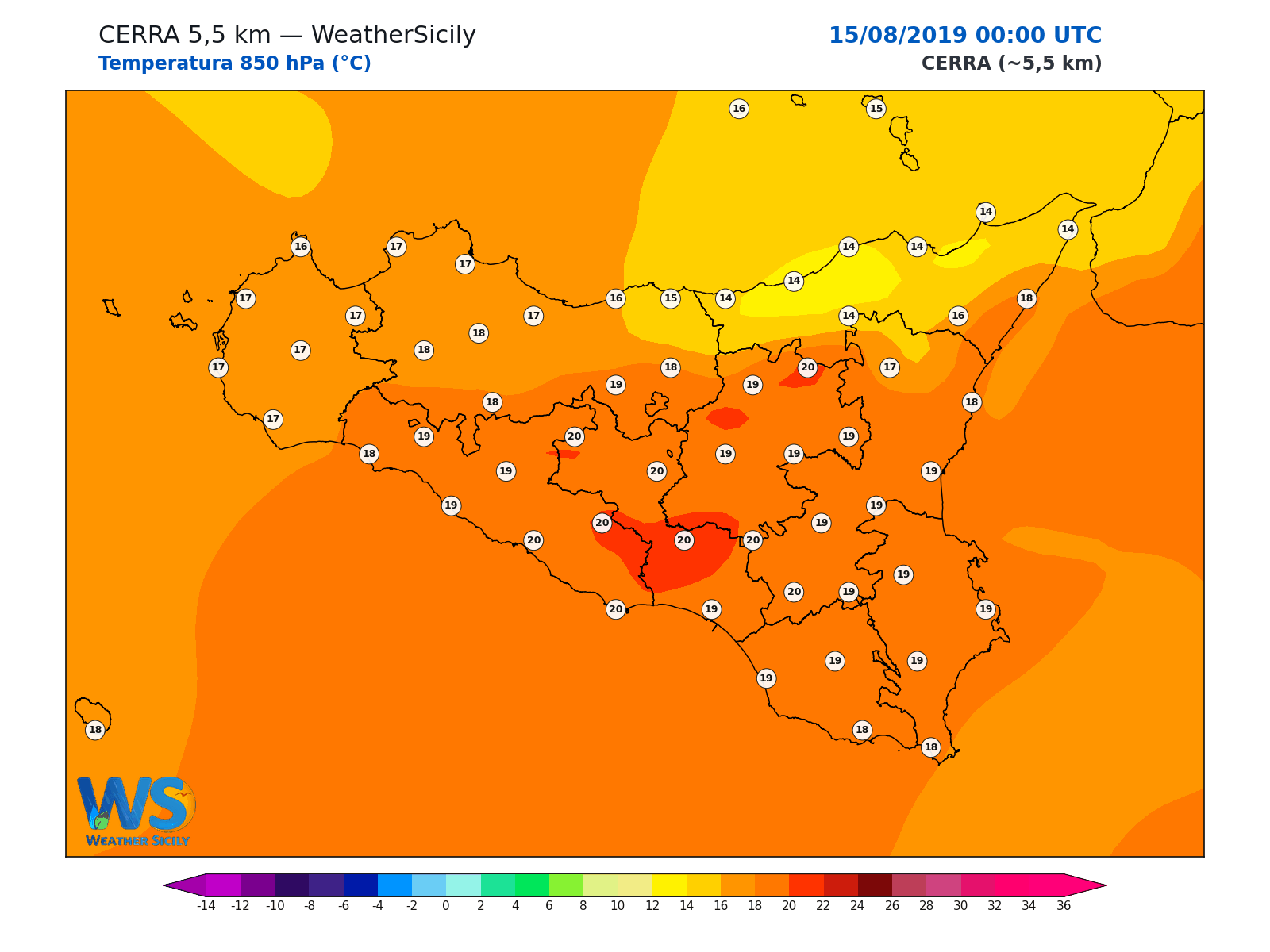 Temperatura a 850 hPa · 2019081500