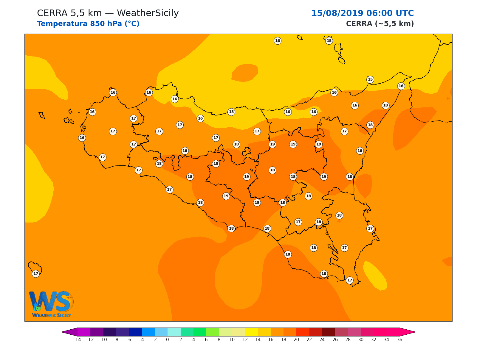 Temperatura a 850 hPa · 2019081506