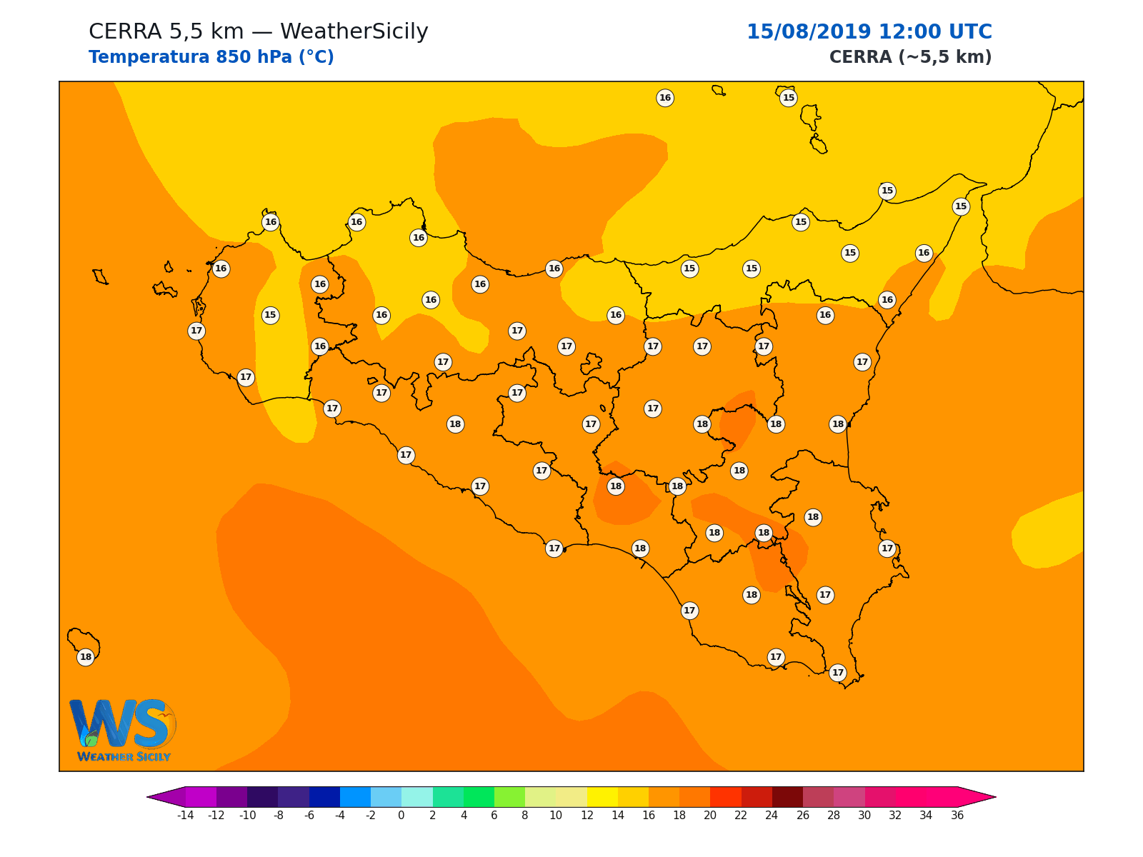 Temperatura a 850 hPa · 2019081512