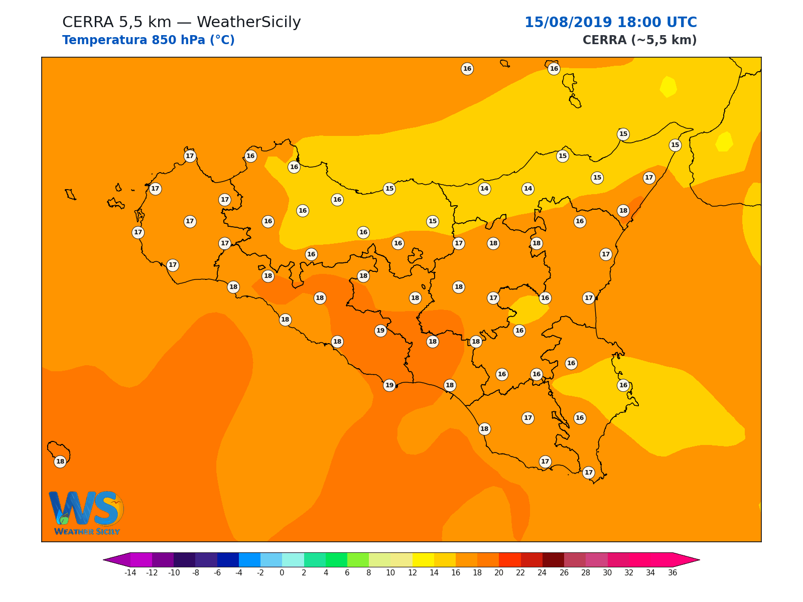 Temperatura a 850 hPa · 2019081518