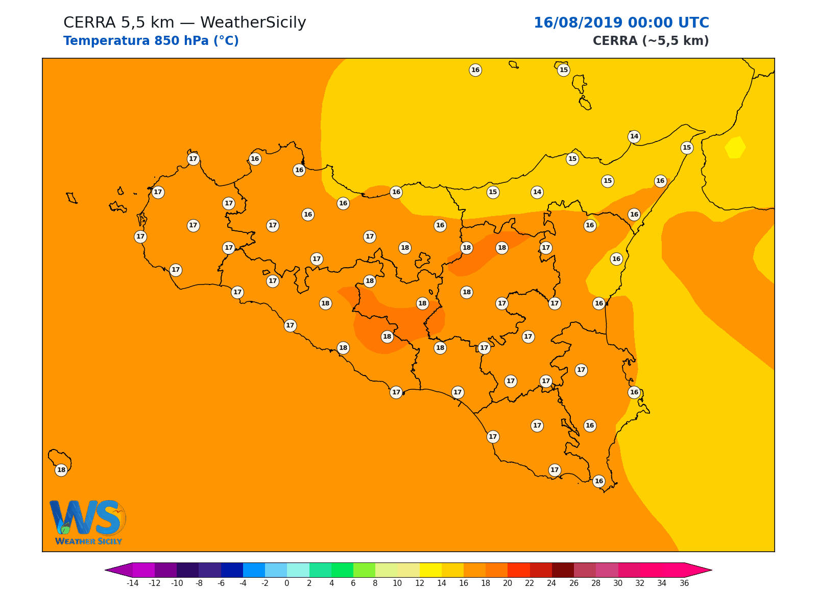 Temperatura a 850 hPa · 2019081600