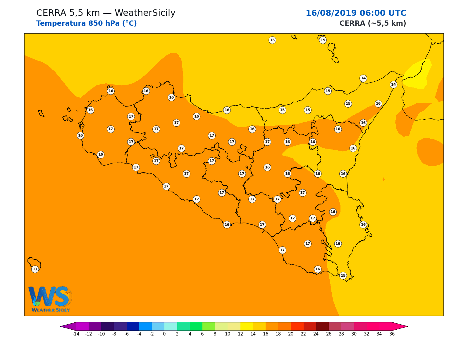 Temperatura a 850 hPa · 2019081606