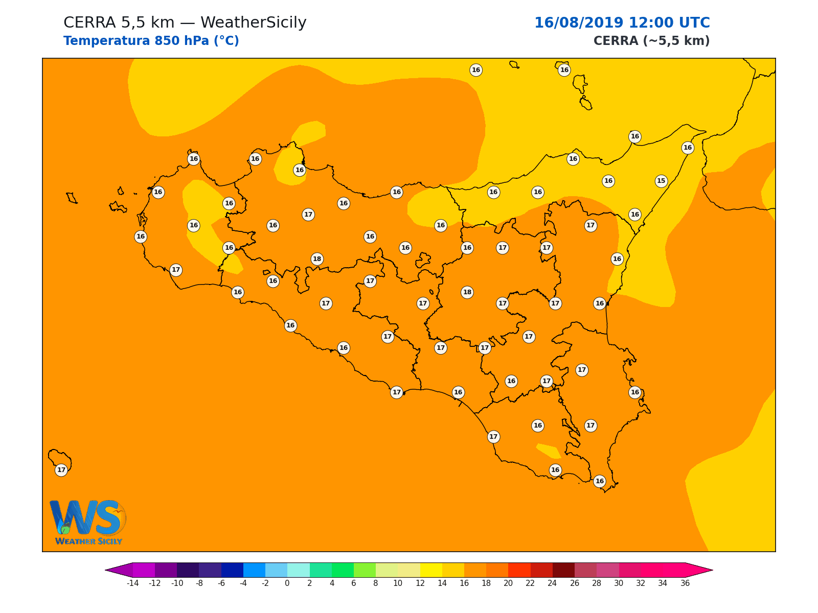 Temperatura a 850 hPa · 2019081612
