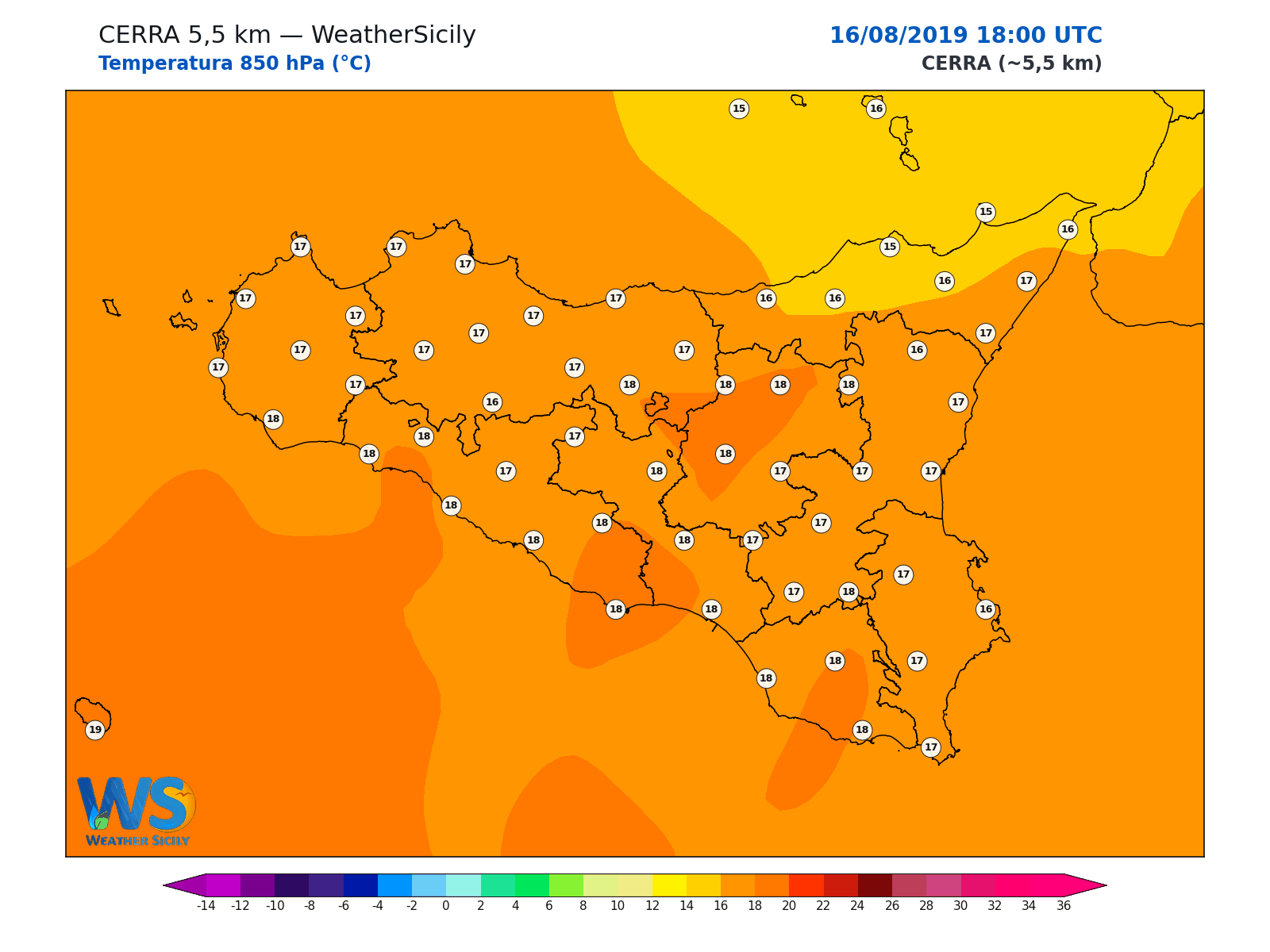 Temperatura a 850 hPa · 2019081618