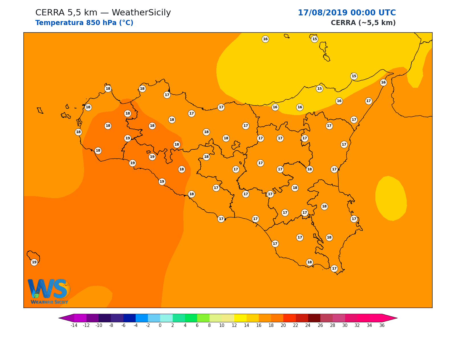 Temperatura a 850 hPa · 2019081700