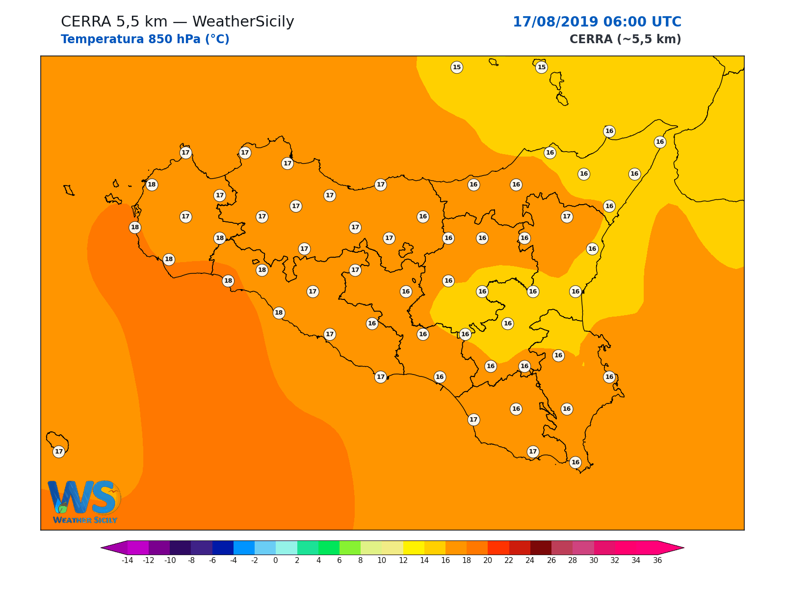 Temperatura a 850 hPa · 2019081706