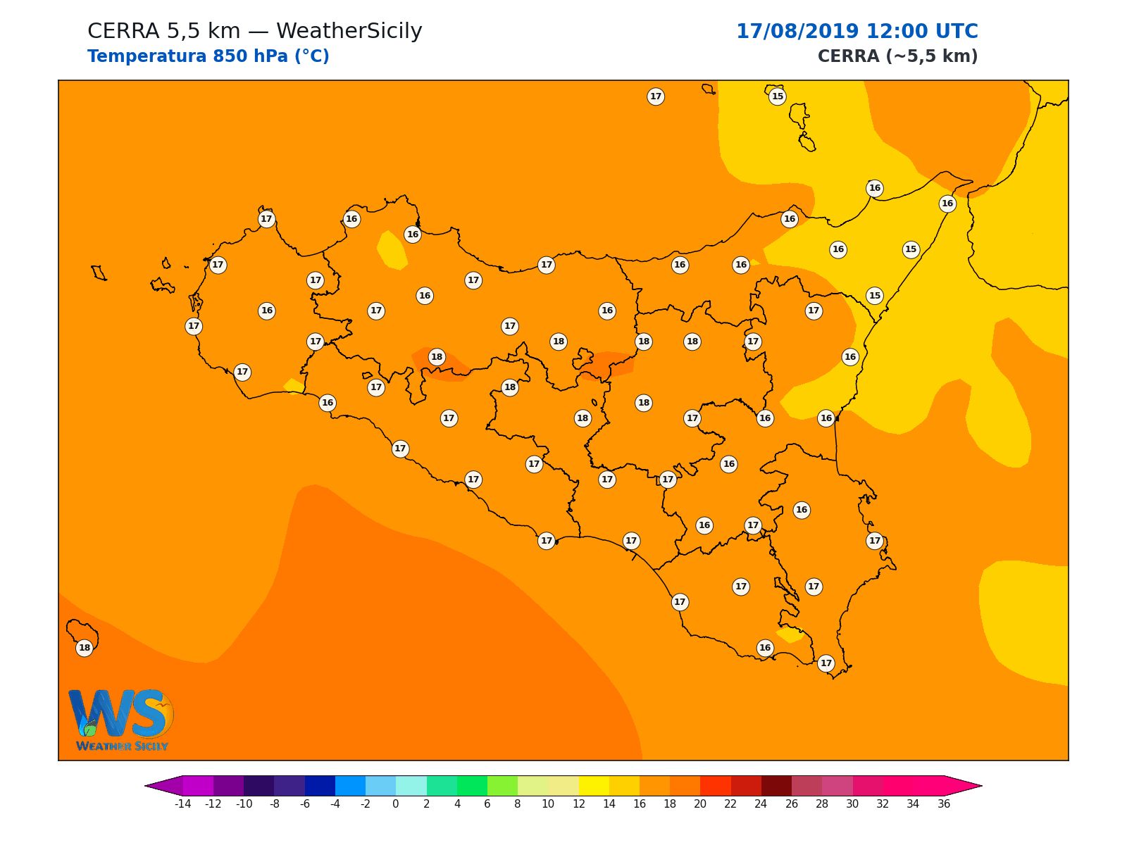 Temperatura a 850 hPa · 2019081712