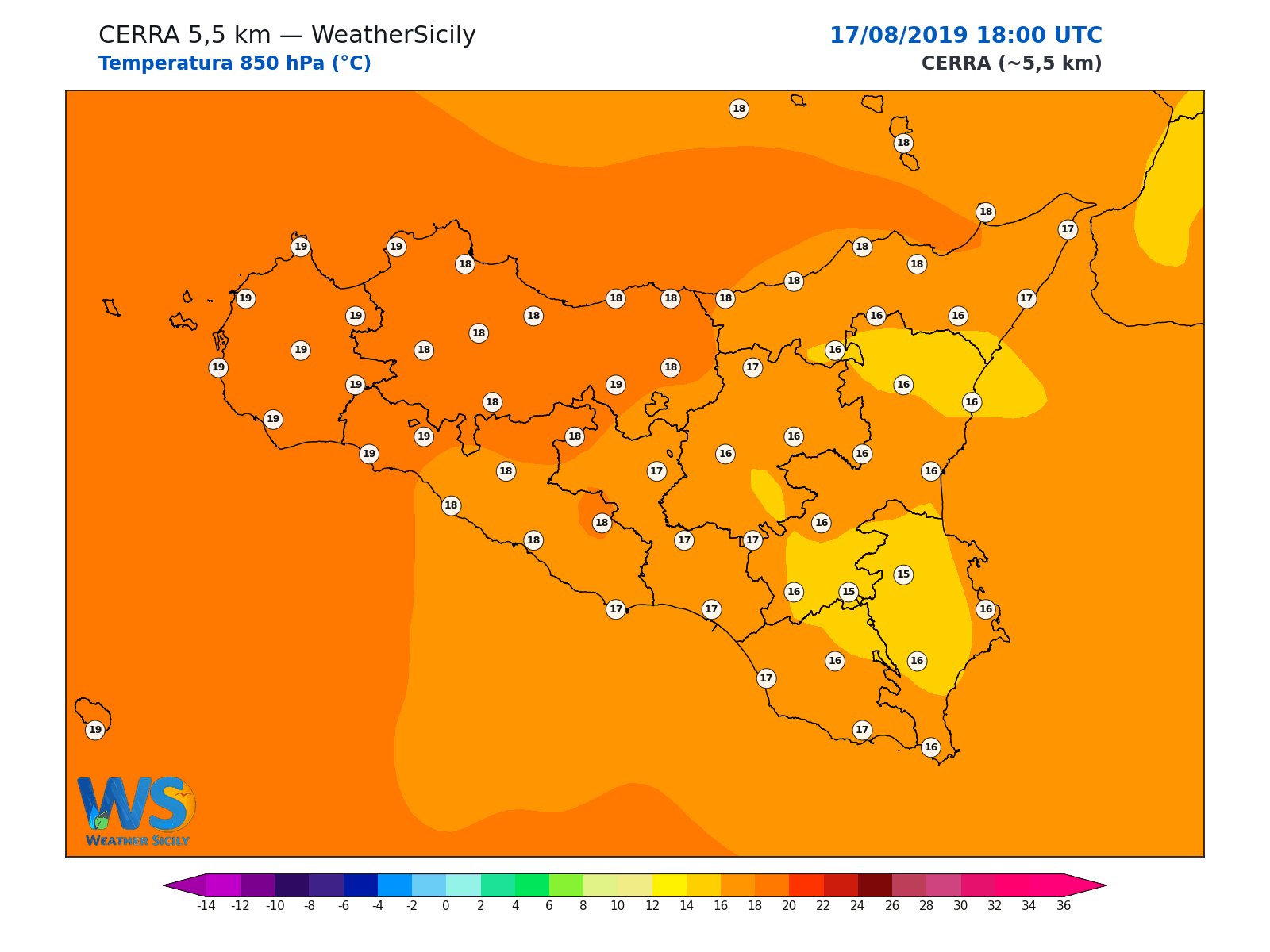 Temperatura a 850 hPa · 2019081718