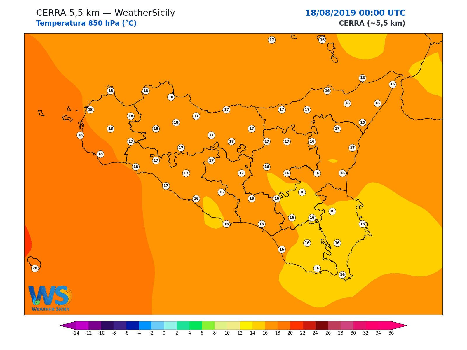Temperatura a 850 hPa · 2019081800