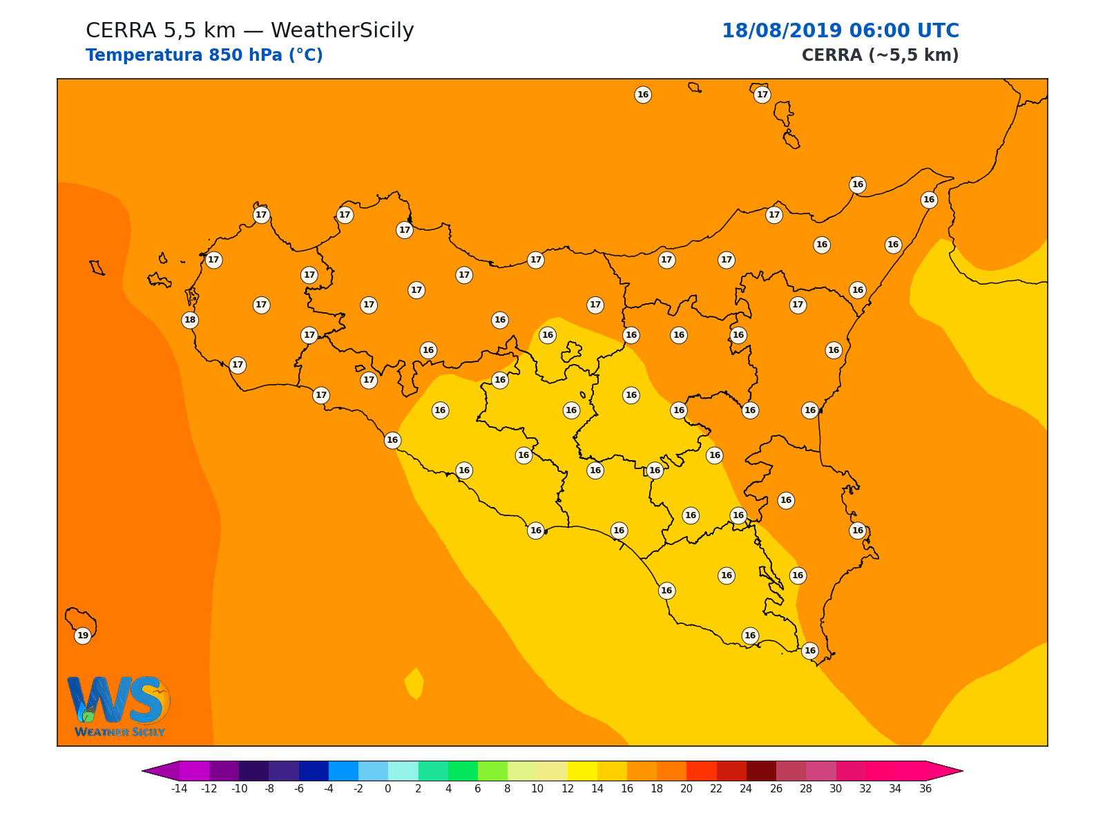 Temperatura a 850 hPa · 2019081806