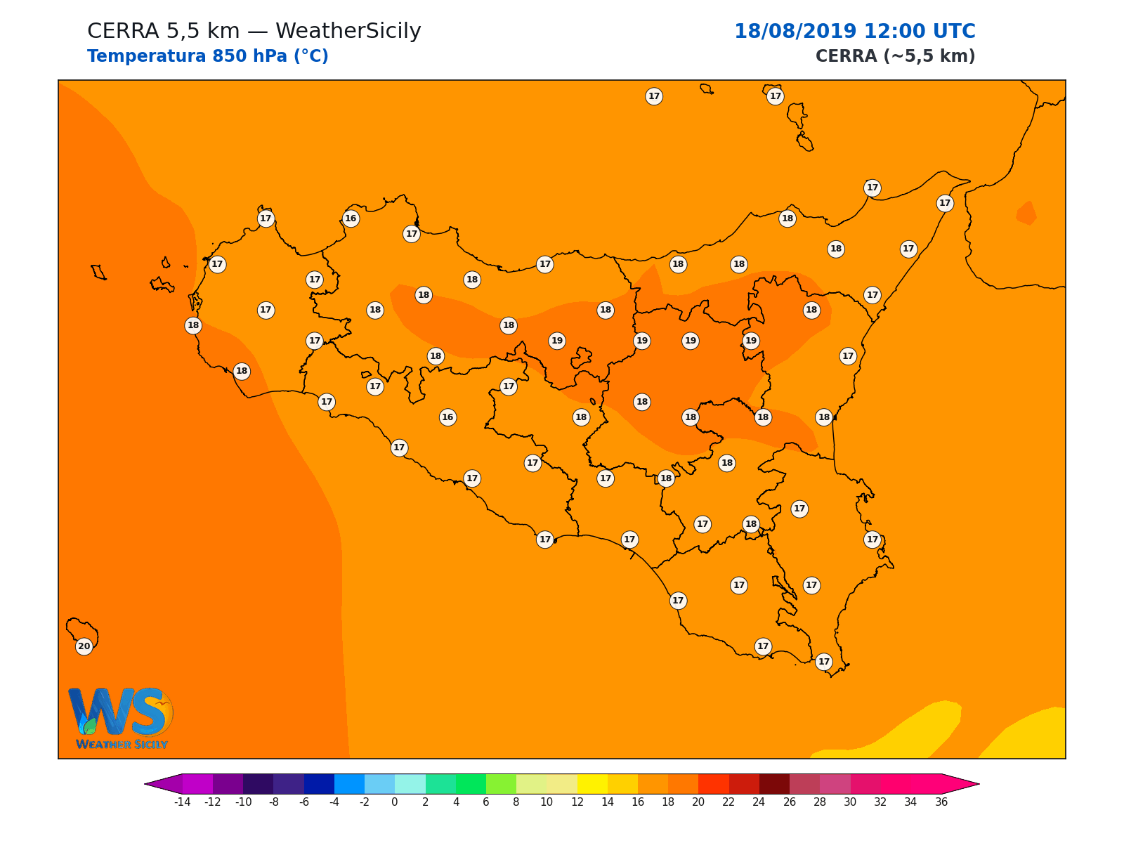 Temperatura a 850 hPa · 2019081812