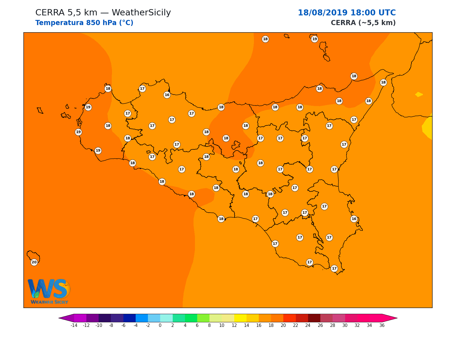 Temperatura a 850 hPa · 2019081818