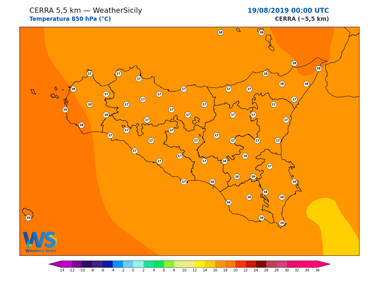 Temperatura a 850 hPa · 2019081900
