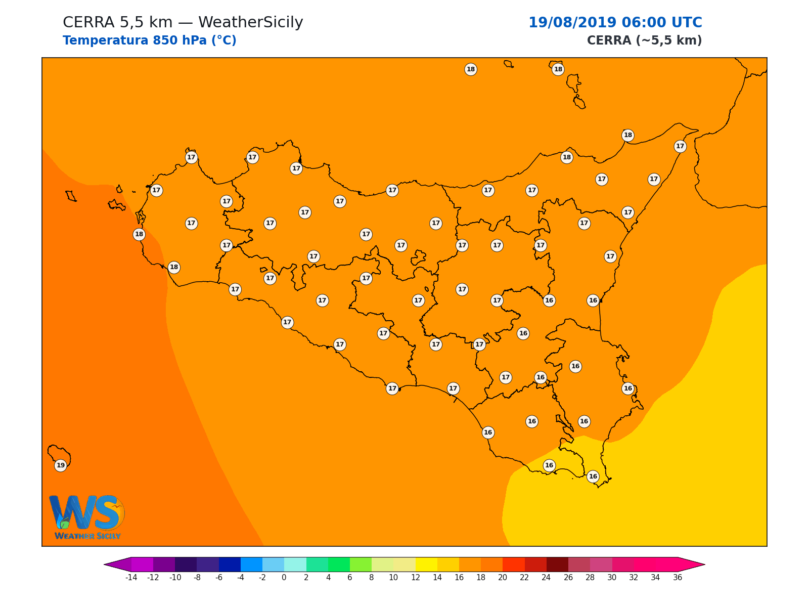 Temperatura a 850 hPa · 2019081906