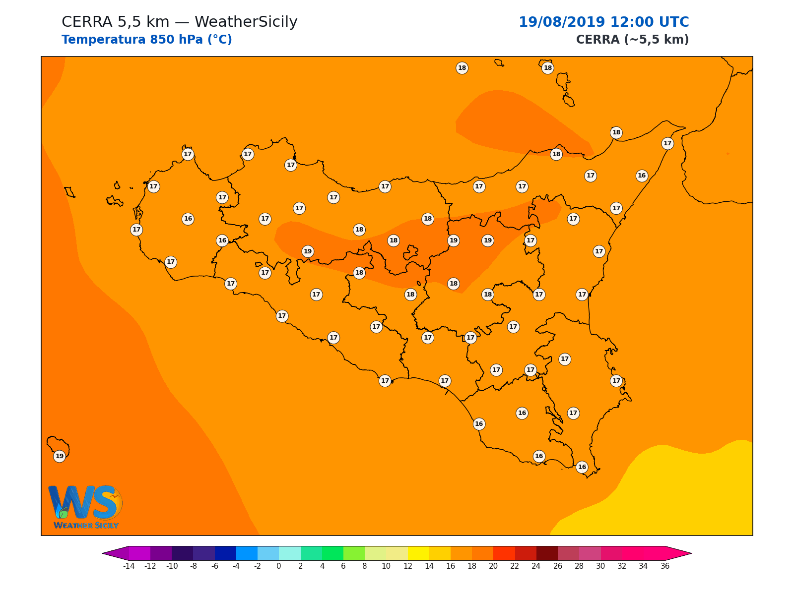 Temperatura a 850 hPa · 2019081912