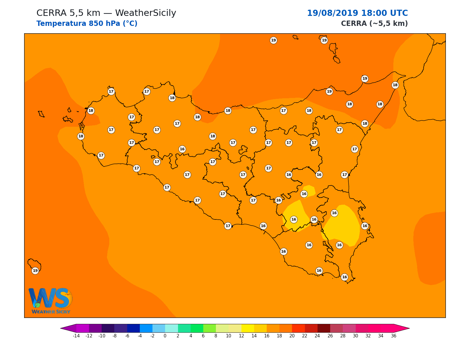 Temperatura a 850 hPa · 2019081918