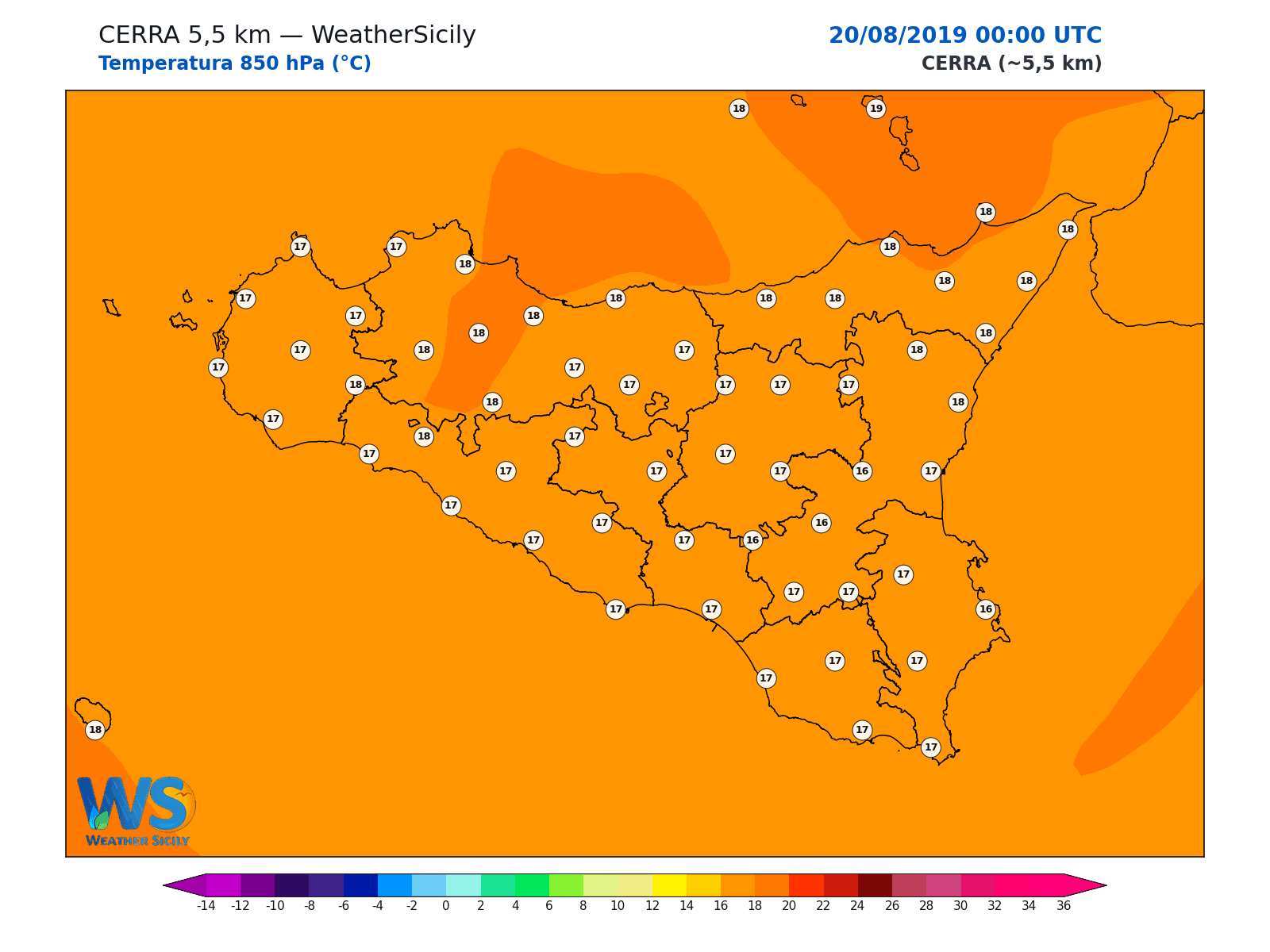 Temperatura a 850 hPa · 2019082000