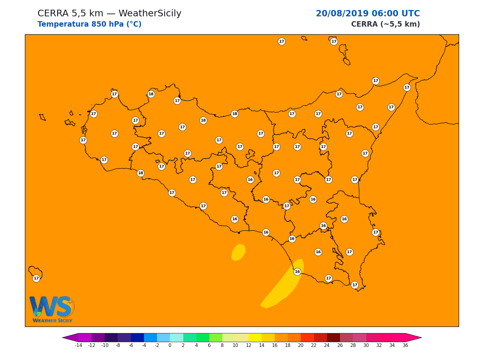 Temperatura a 850 hPa · 2019082006
