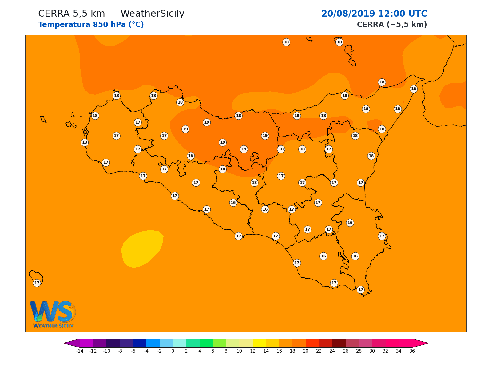 Temperatura a 850 hPa · 2019082012