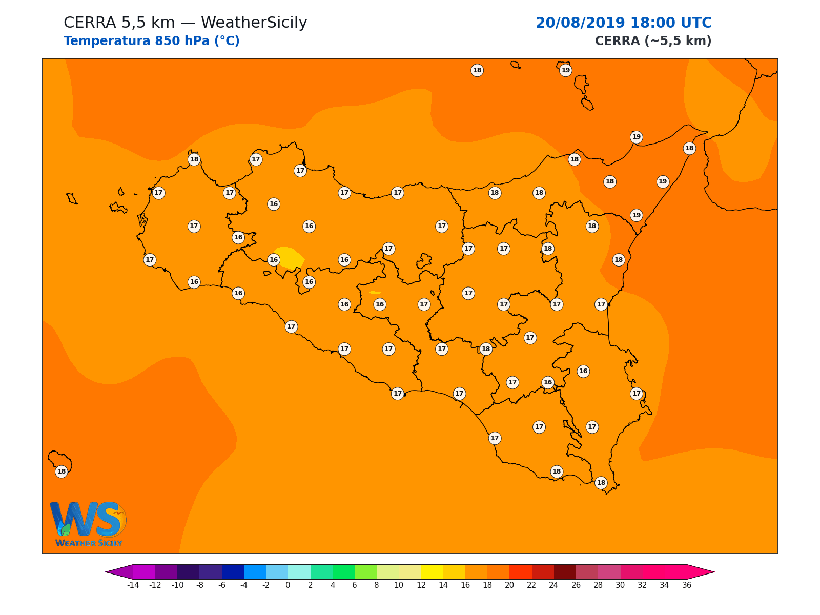 Temperatura a 850 hPa · 2019082018