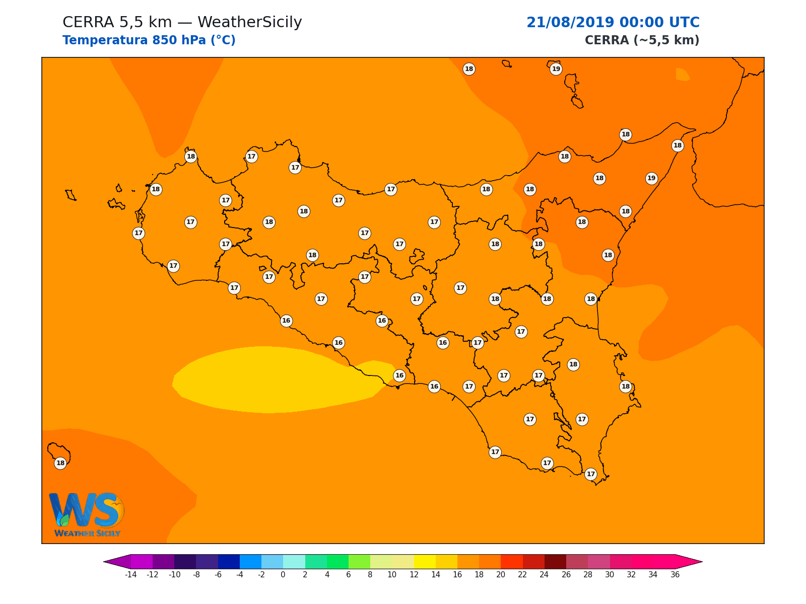 Temperatura a 850 hPa · 2019082100