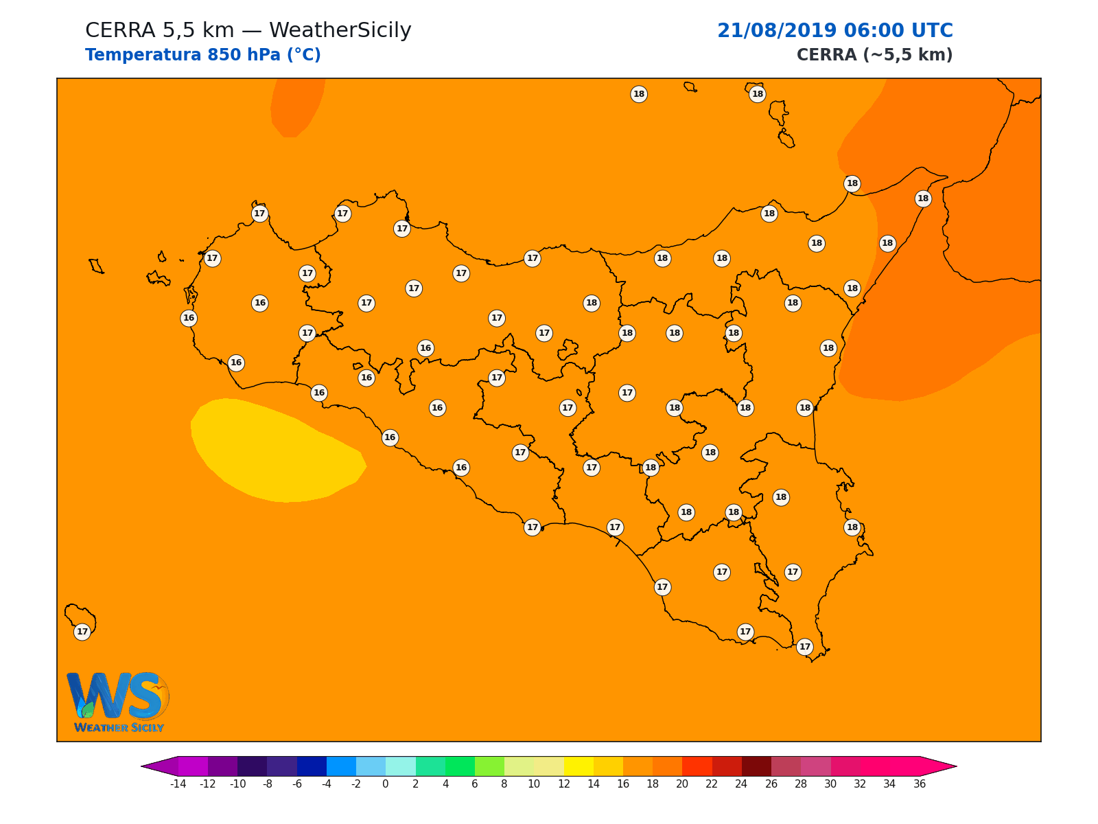 Temperatura a 850 hPa · 2019082106