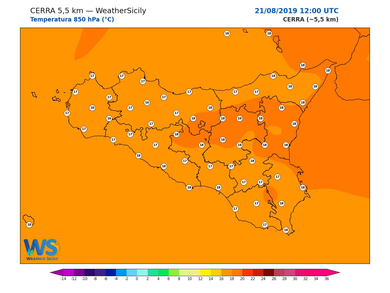 Temperatura a 850 hPa · 2019082112