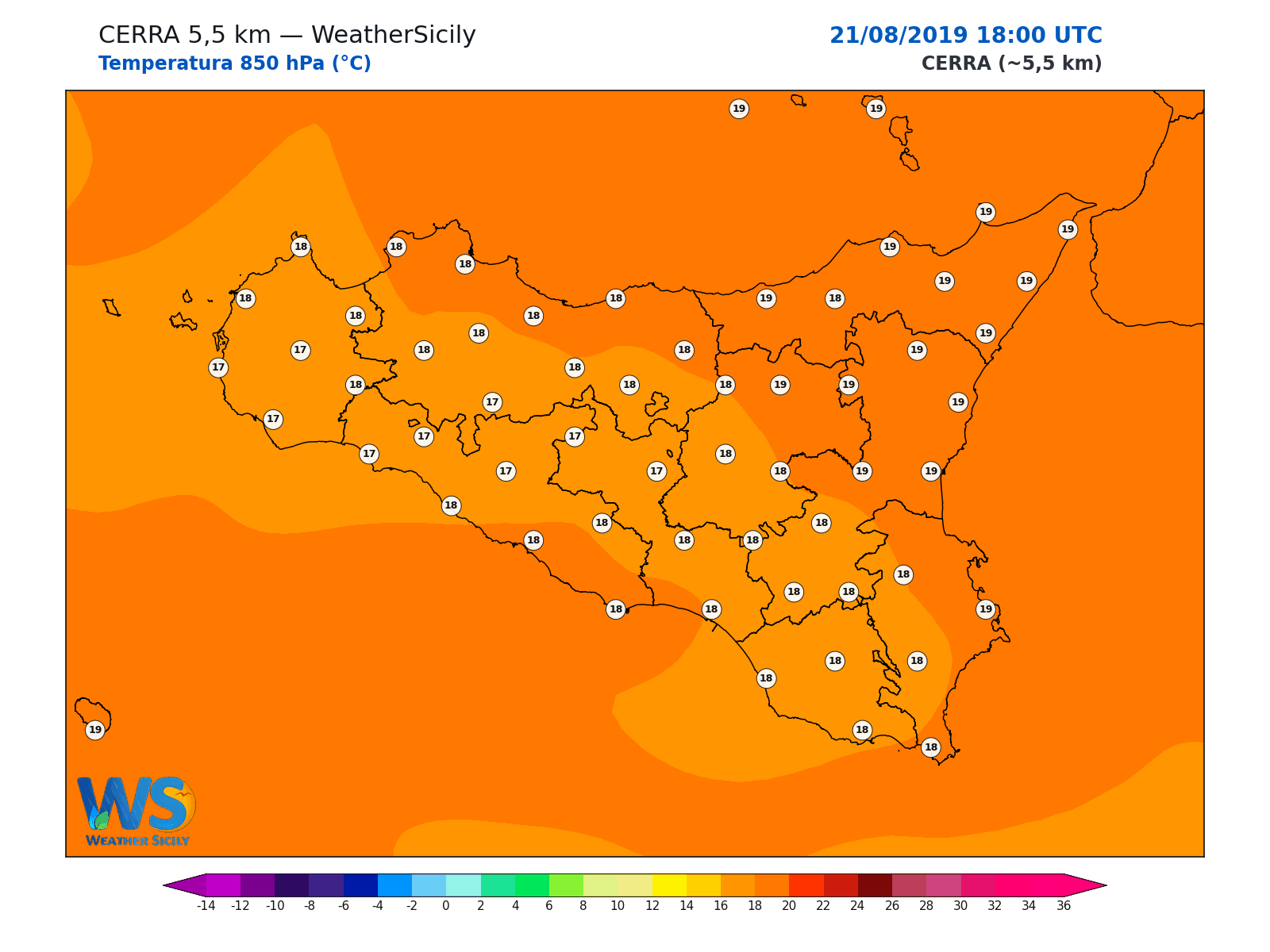 Temperatura a 850 hPa · 2019082118