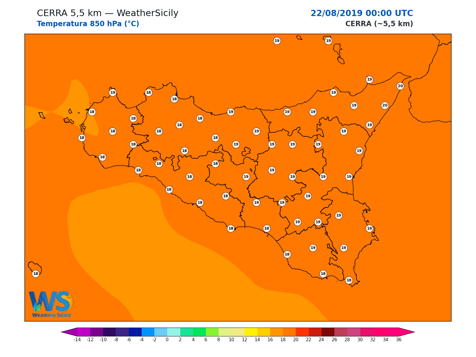 Temperatura a 850 hPa · 2019082200