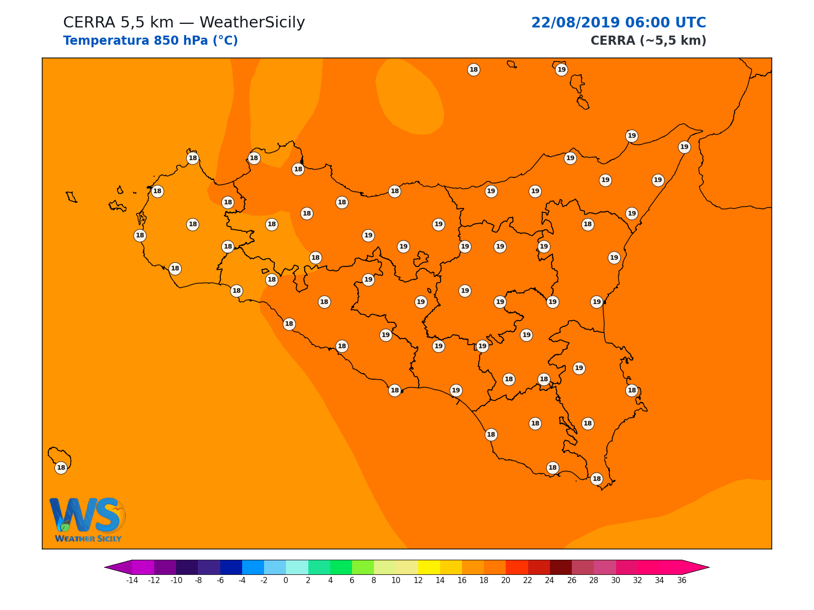 Temperatura a 850 hPa · 2019082206