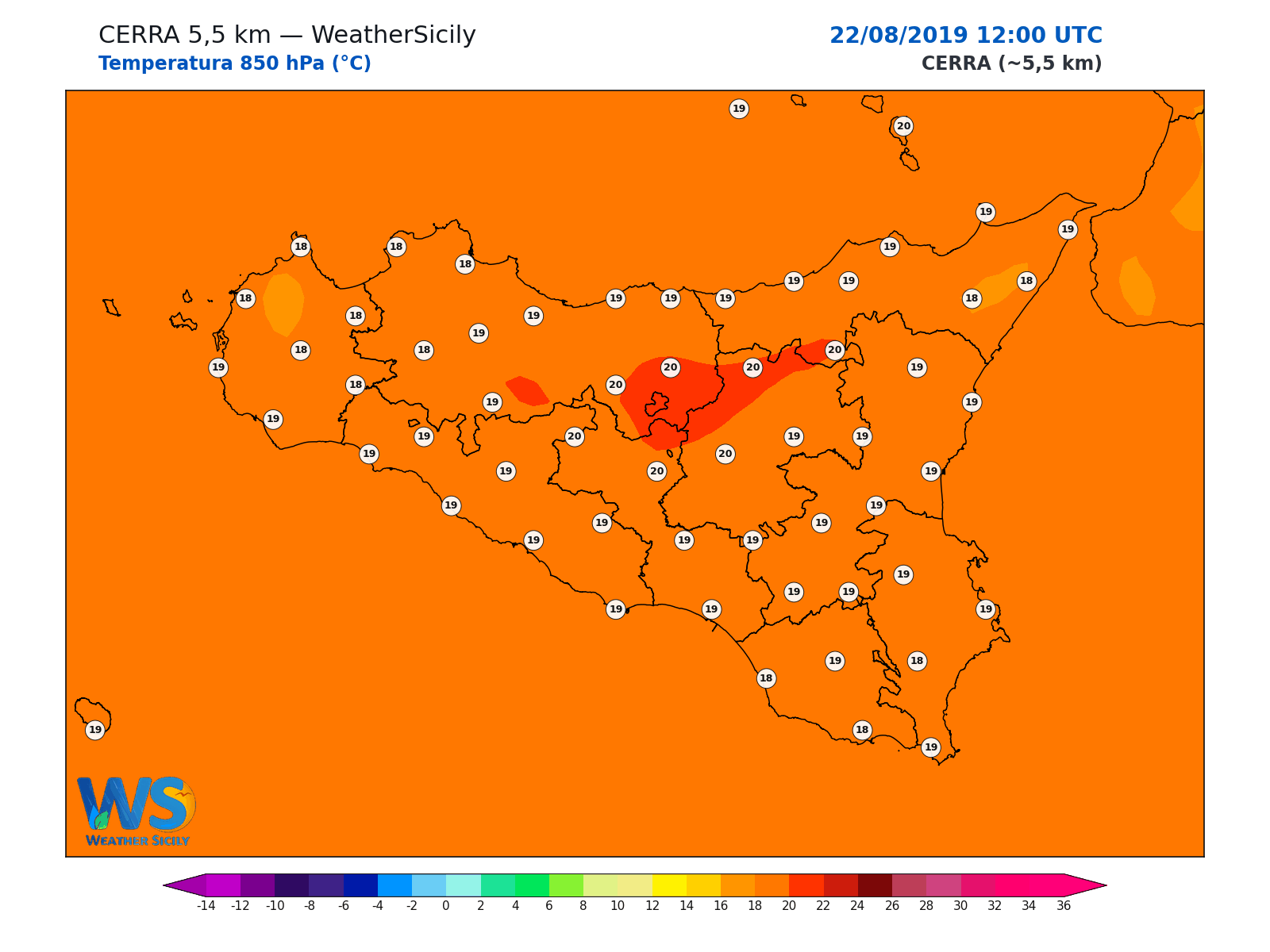 Temperatura a 850 hPa · 2019082212