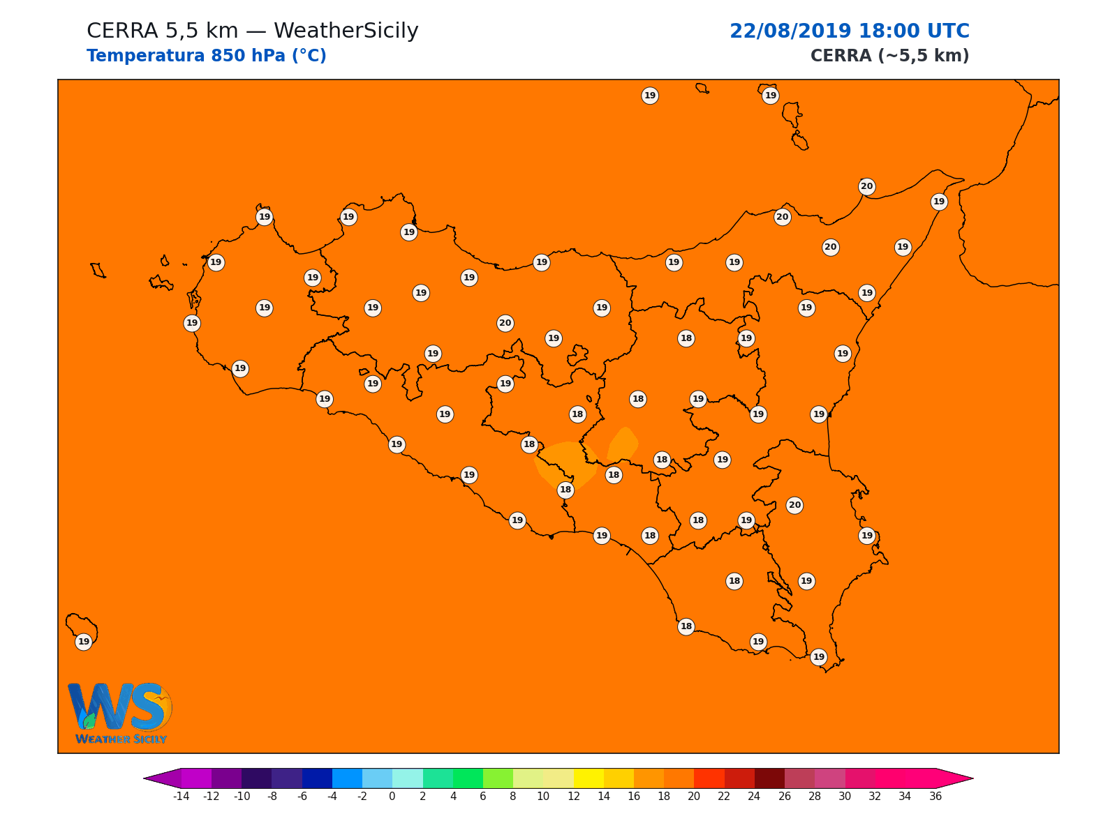 Temperatura a 850 hPa · 2019082218