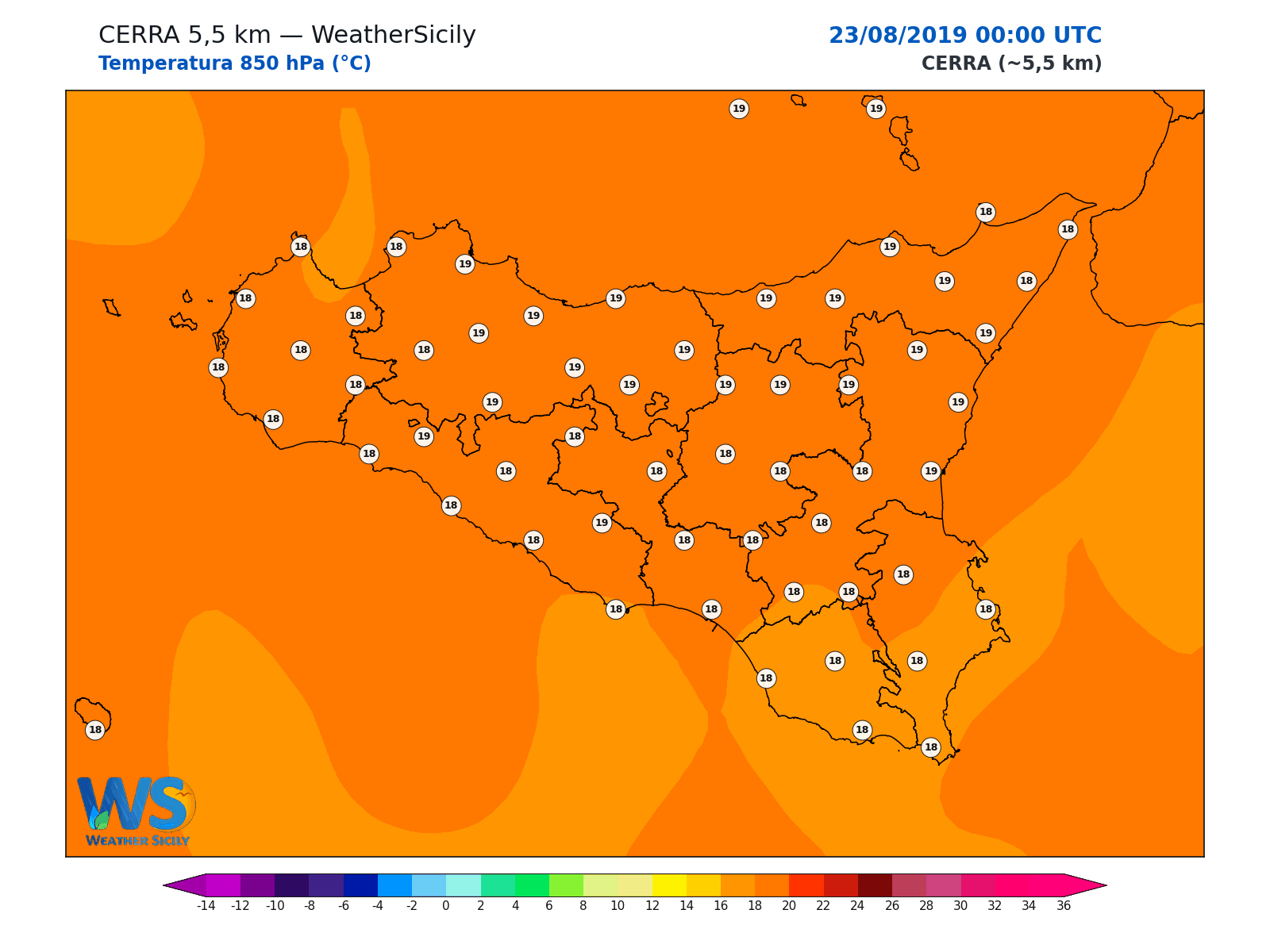 Temperatura a 850 hPa · 2019082300