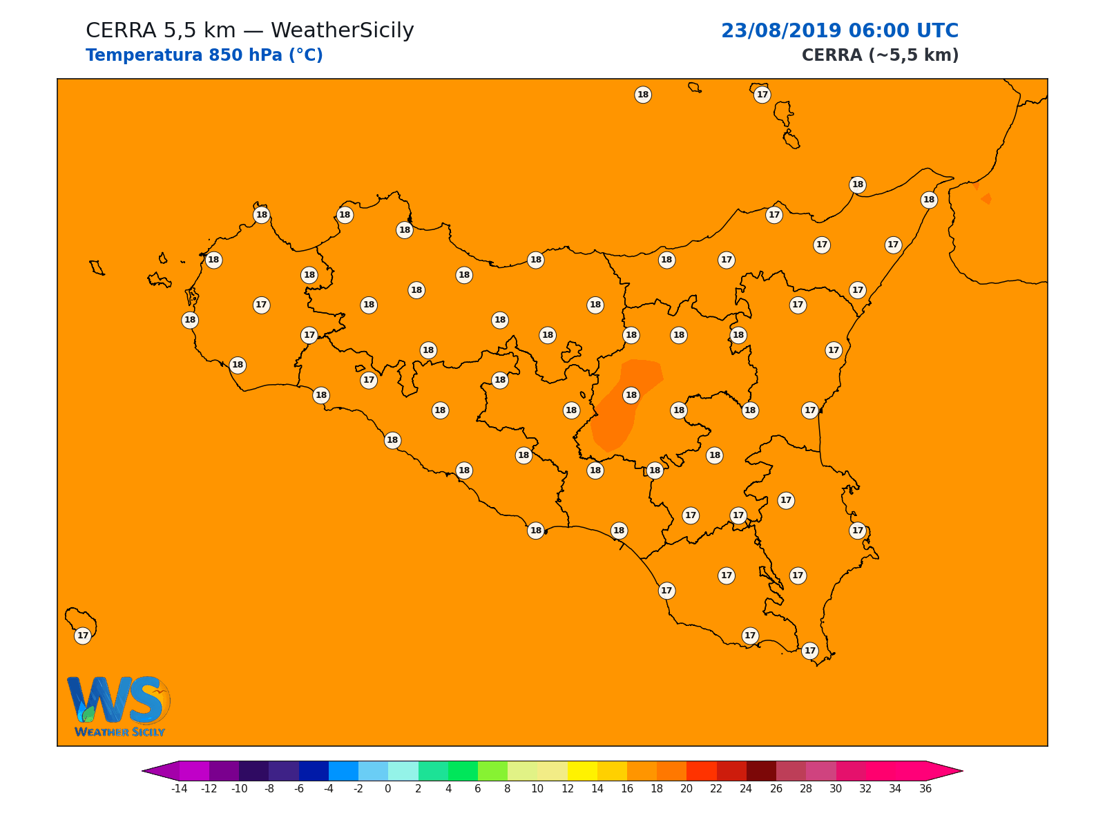 Temperatura a 850 hPa · 2019082306