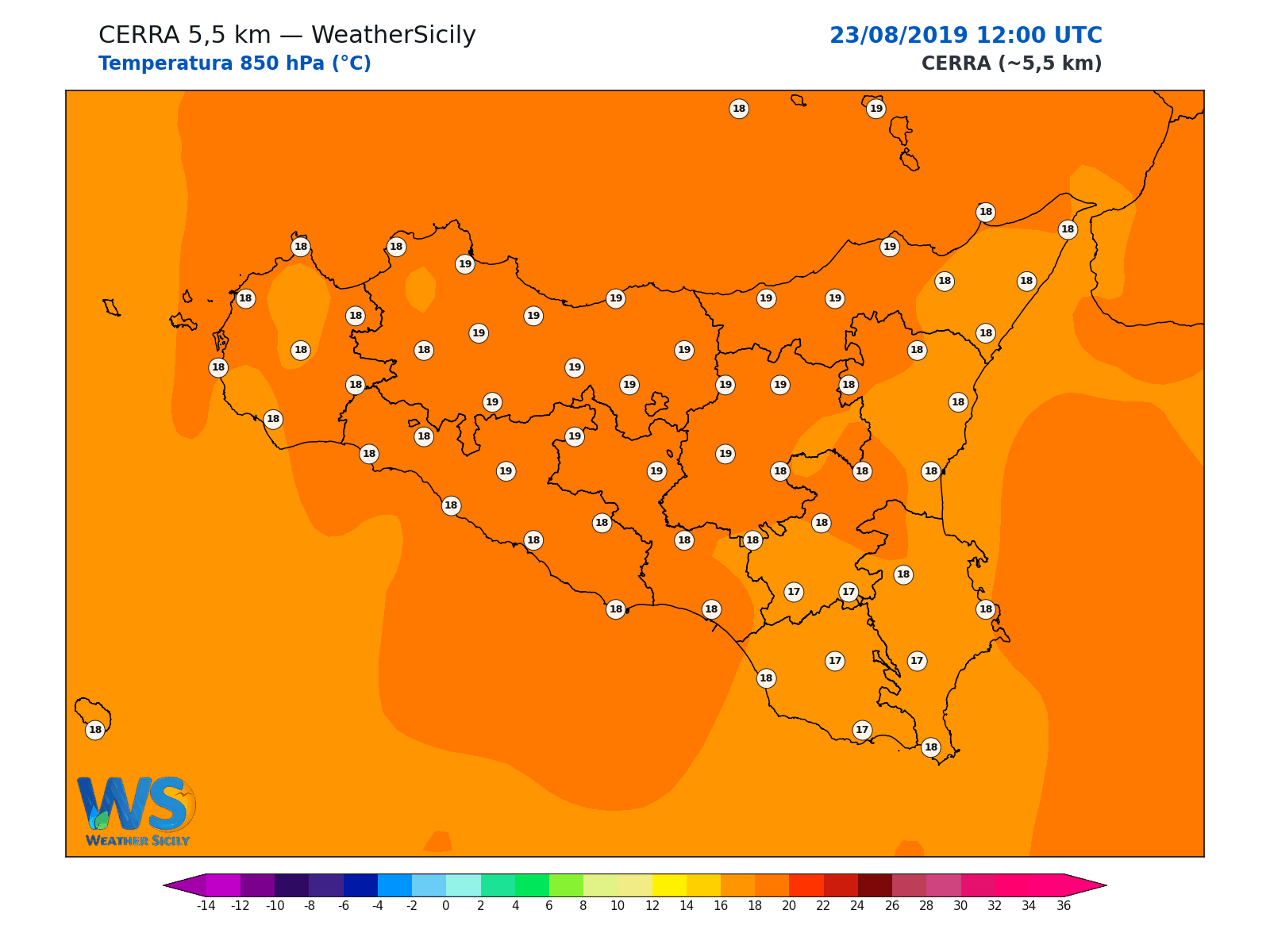 Temperatura a 850 hPa · 2019082312