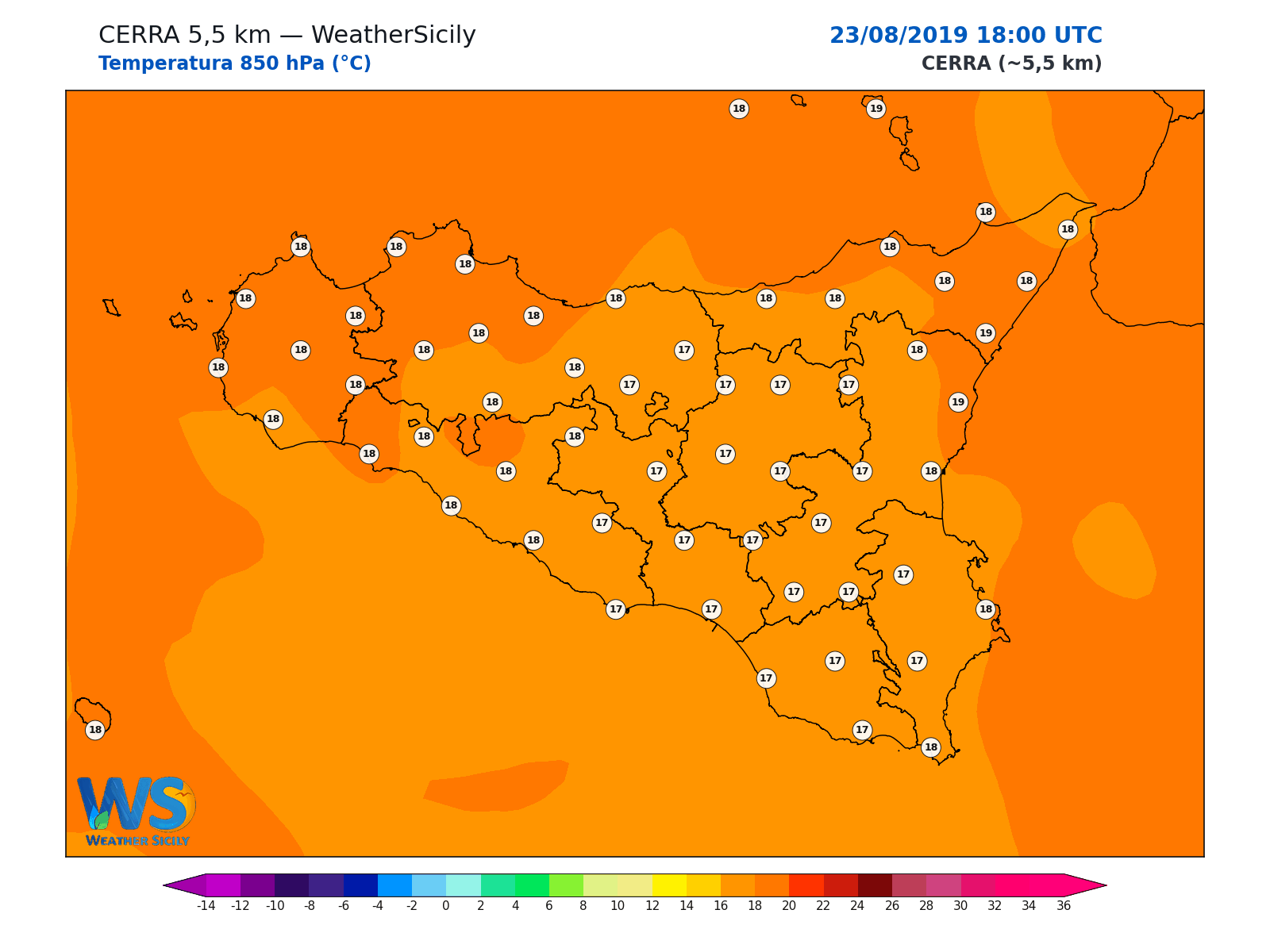 Temperatura a 850 hPa · 2019082318