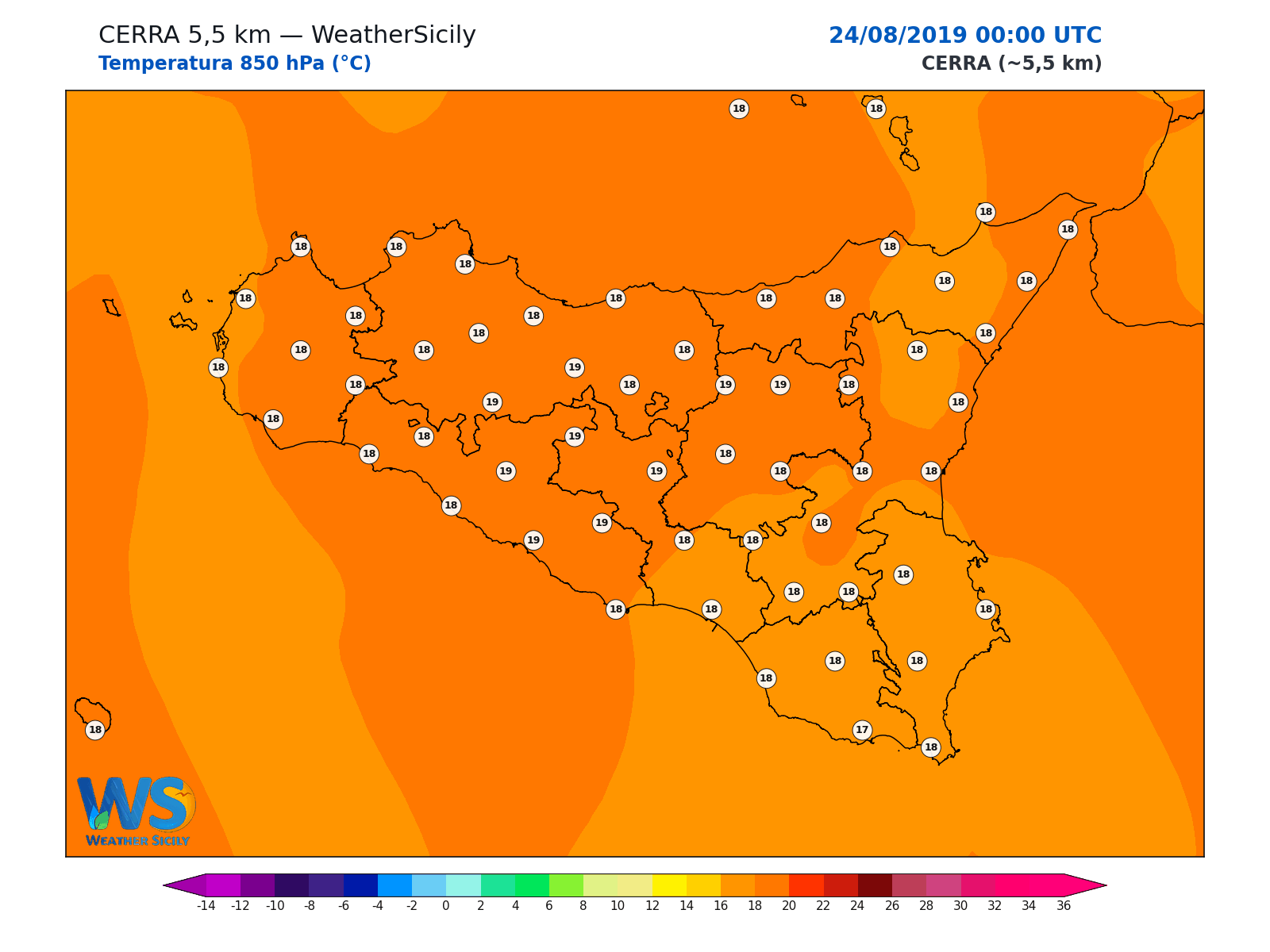 Temperatura a 850 hPa · 2019082400