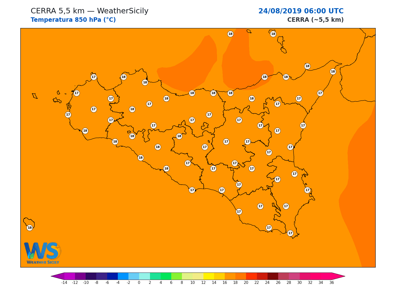 Temperatura a 850 hPa · 2019082406