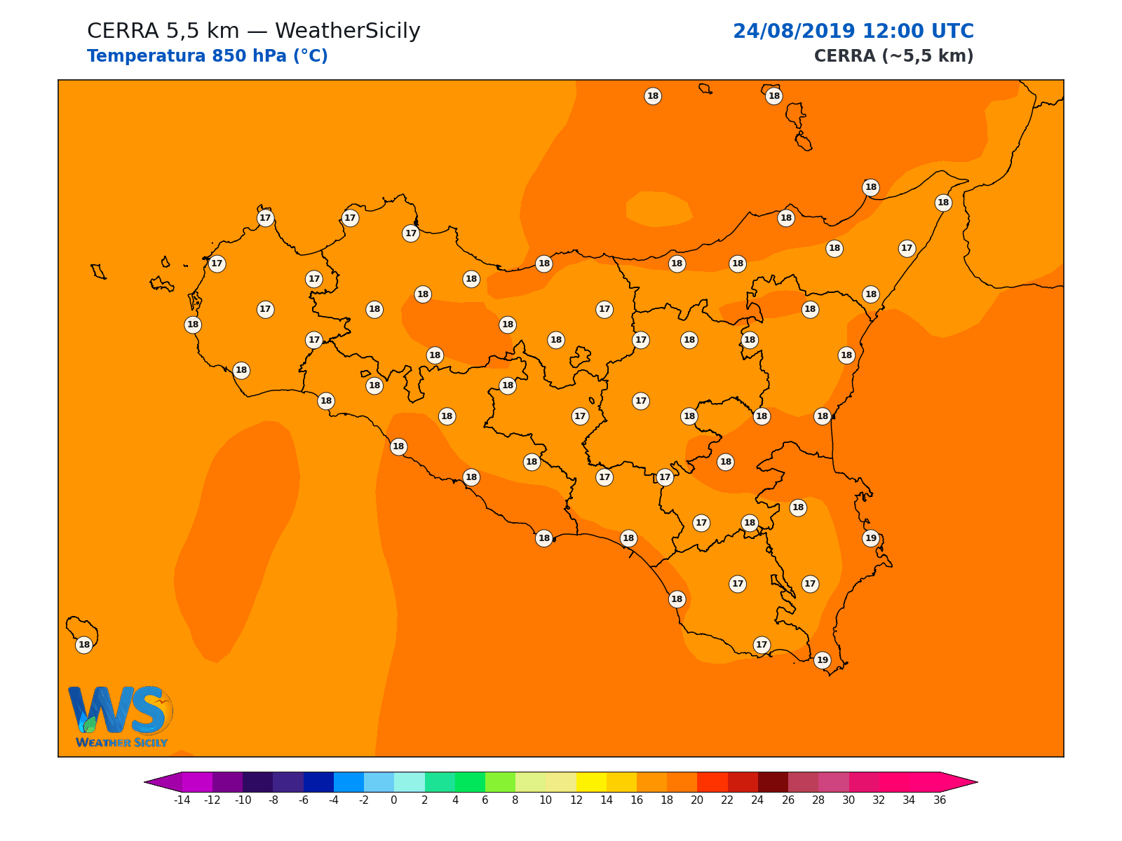 Temperatura a 850 hPa · 2019082412