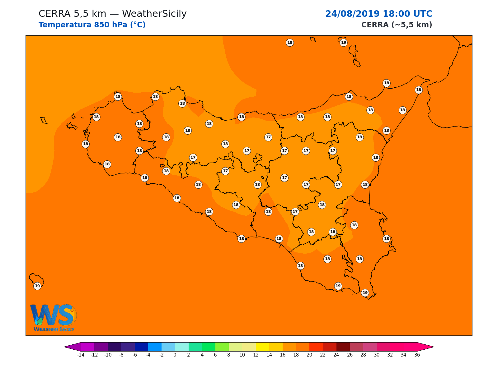 Temperatura a 850 hPa · 2019082418