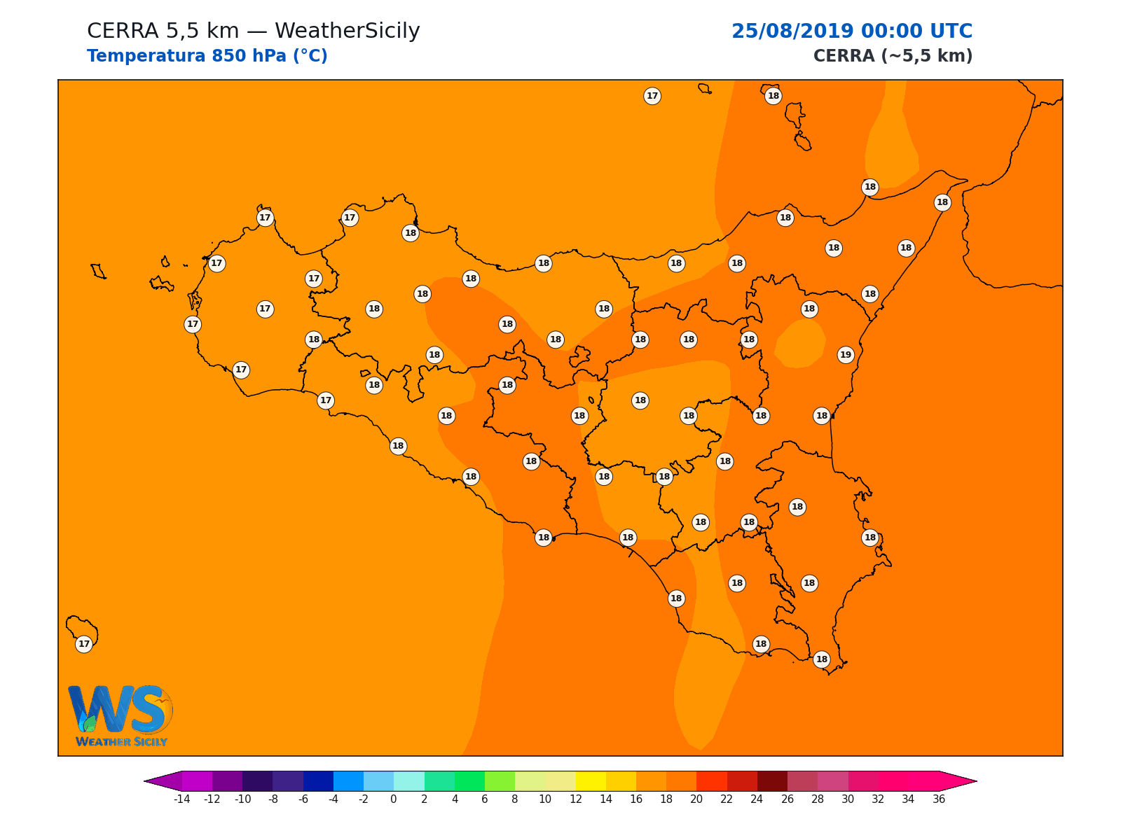 Temperatura a 850 hPa · 2019082500