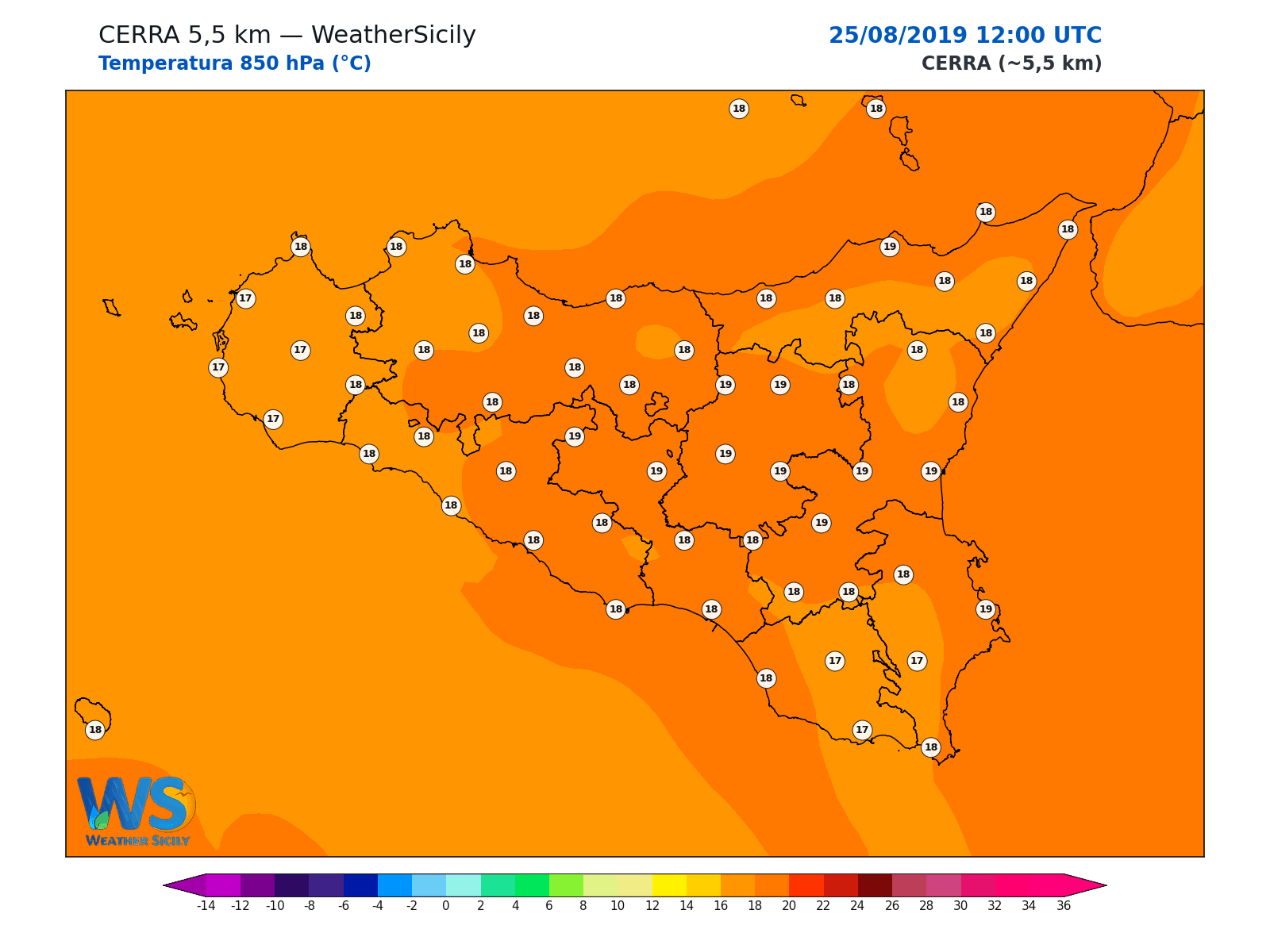 Temperatura a 850 hPa · 2019082512